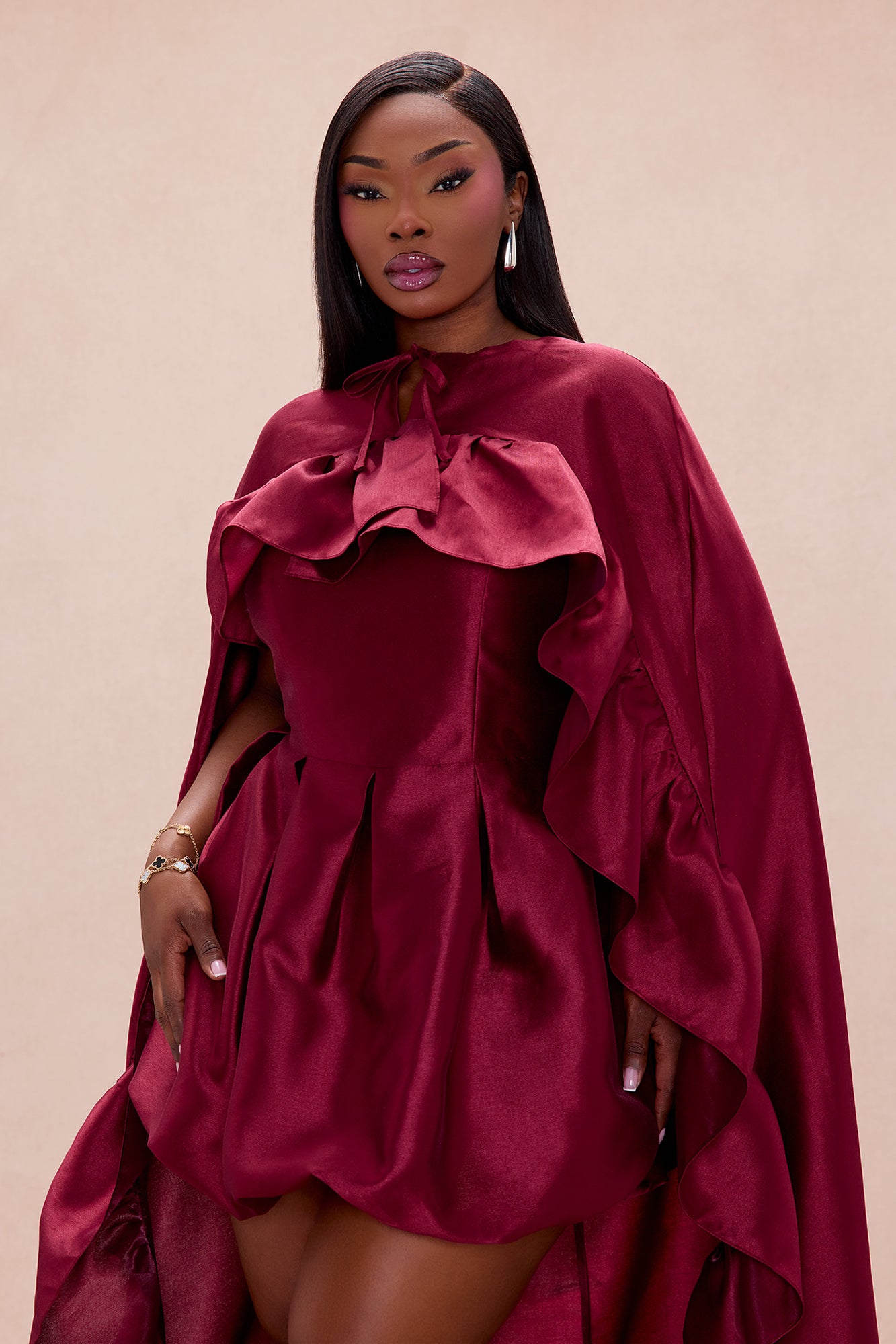 Chic Drama 2 Piece Cape Mini Dress Set - Burgundy