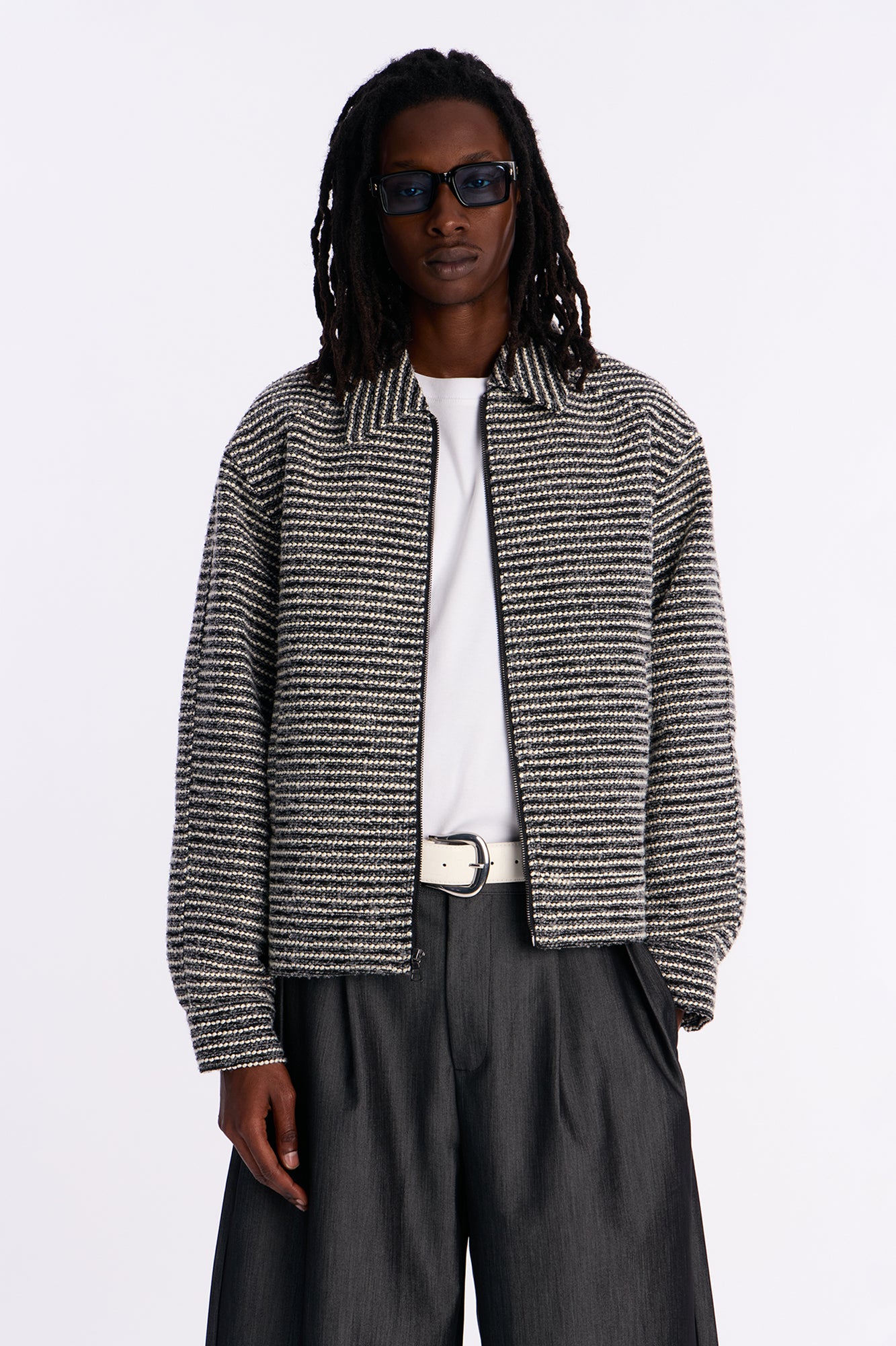 Relaxed Cropped Tweed Bomber Jacket - Grey