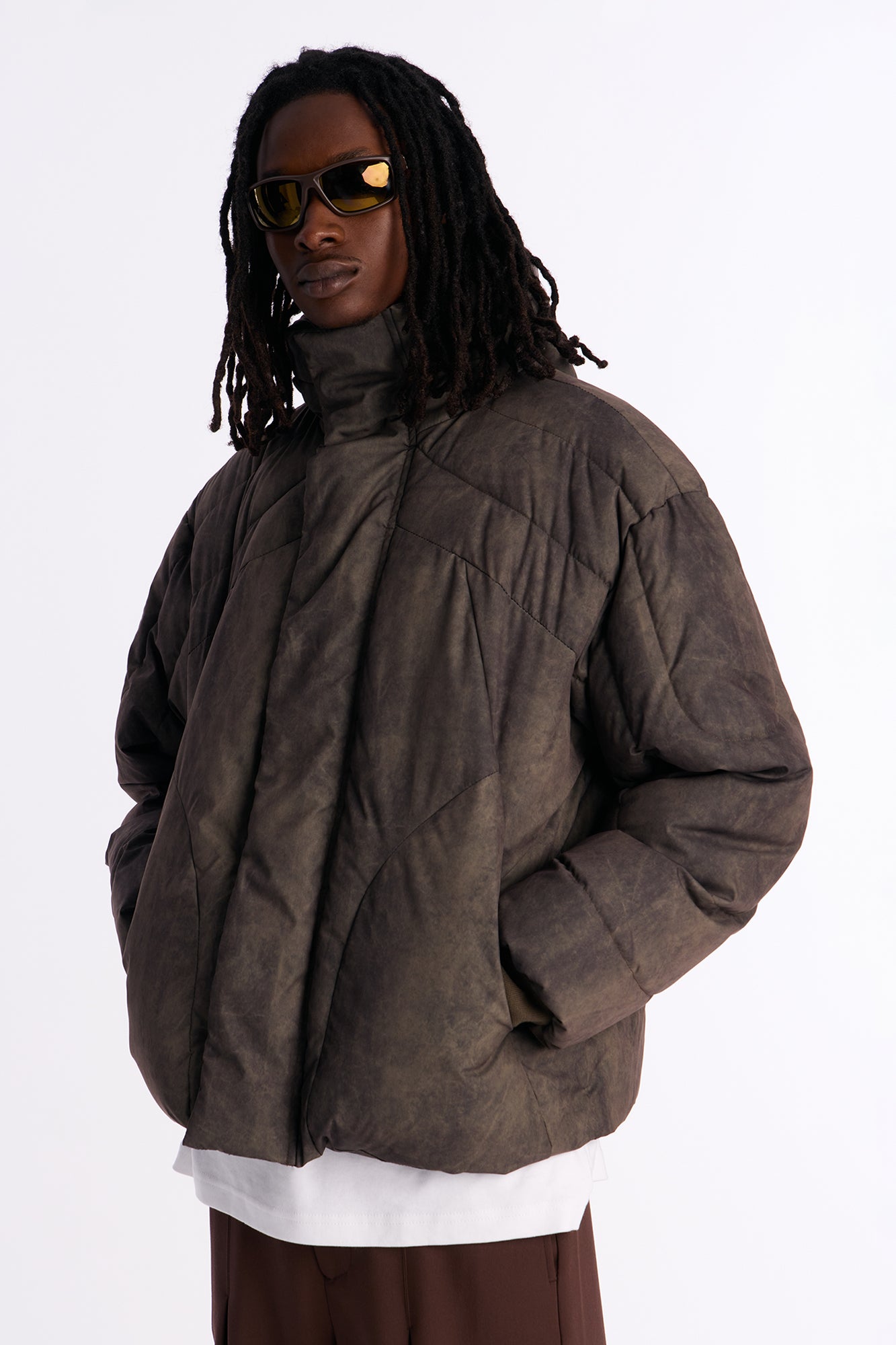 Oversized Hooded Spiraling Washed Puffer Jacket - Olive