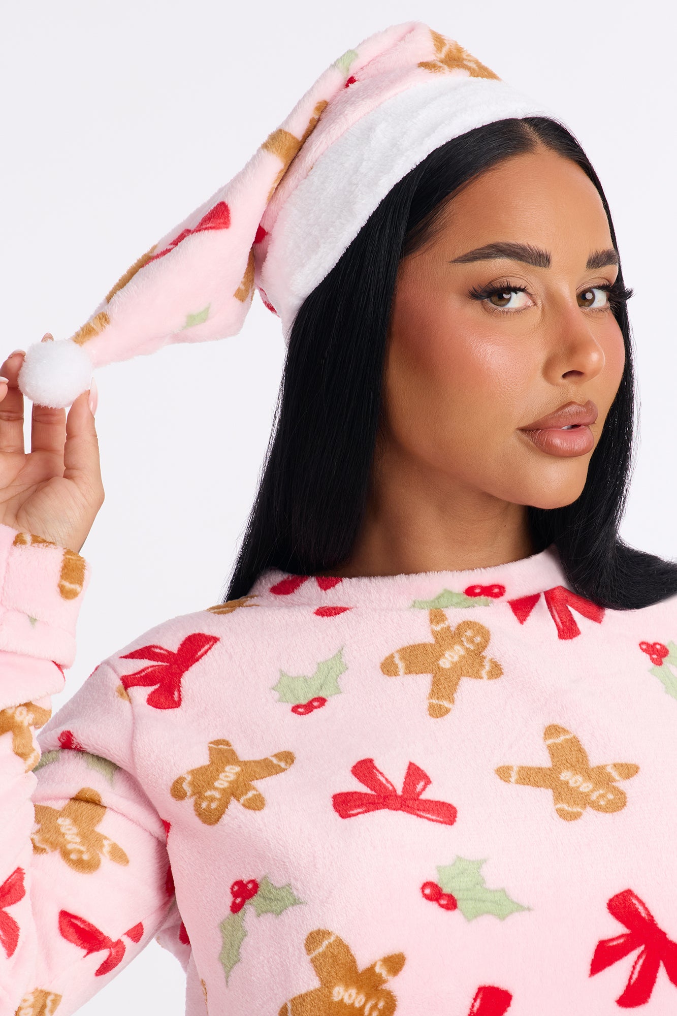 Sweet Gingerbread 3 Piece Plush Crew Neck PJ Short Set - Pink