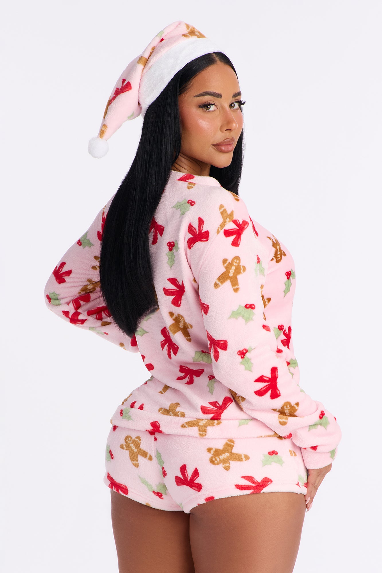 Sweet Gingerbread 3 Piece Plush Crew Neck PJ Short Set - Pink