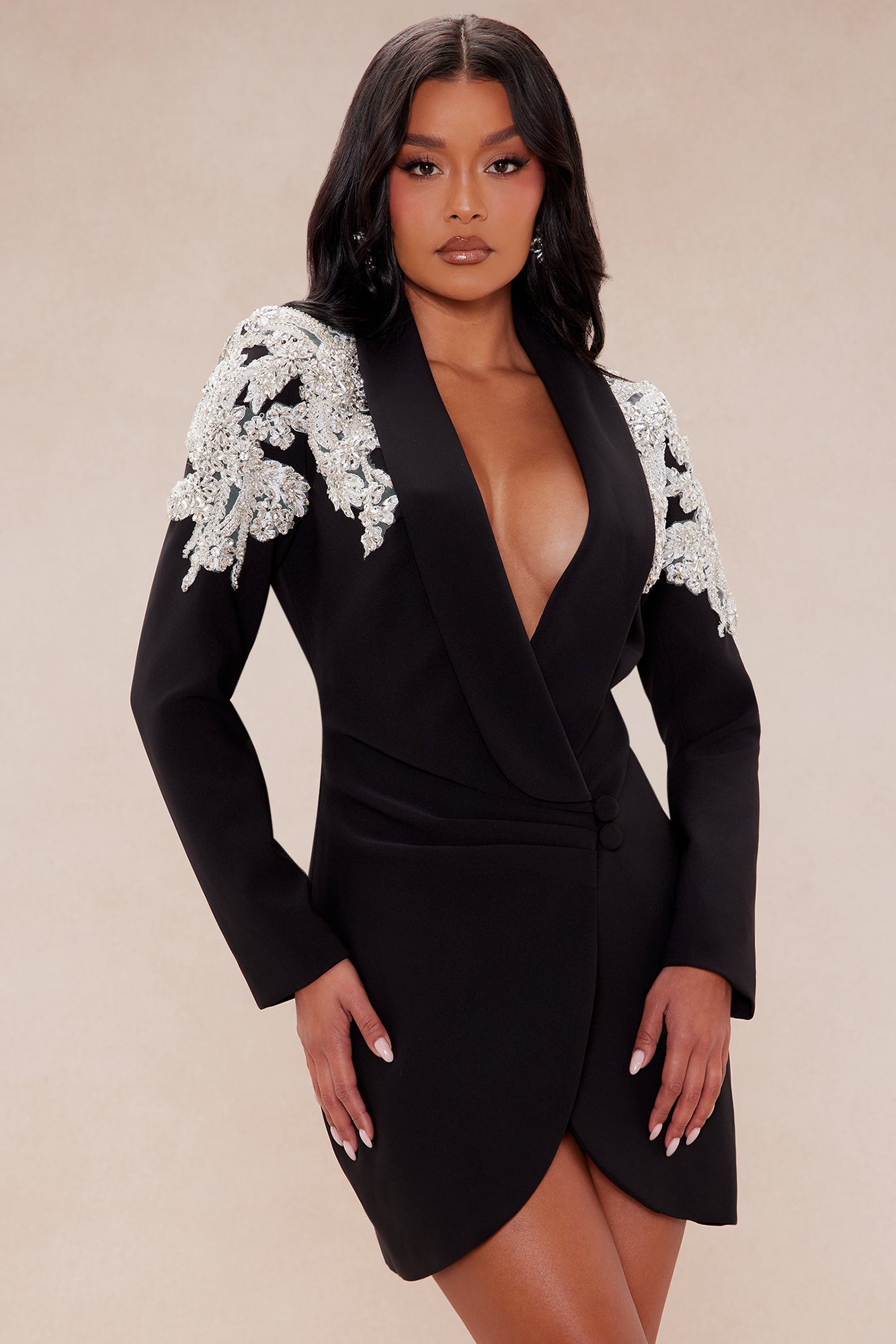 Renae Rhinestone Blazer Mini Dress - Black
