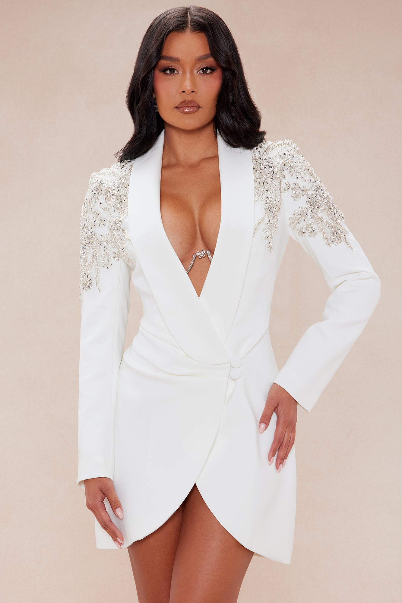 Renae Rhinestone Blazer Mini Dress - Ivory