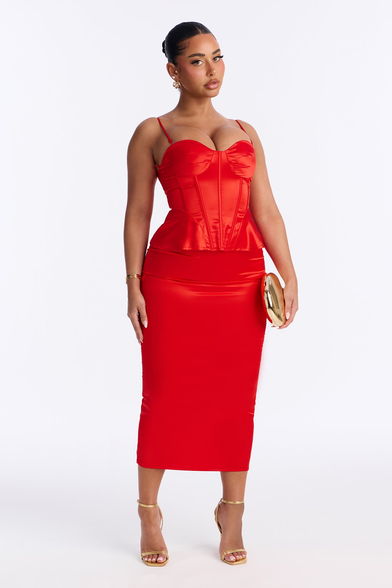 Deepest Desire Satin Peplum Corset Maxi Skirt Set - Red