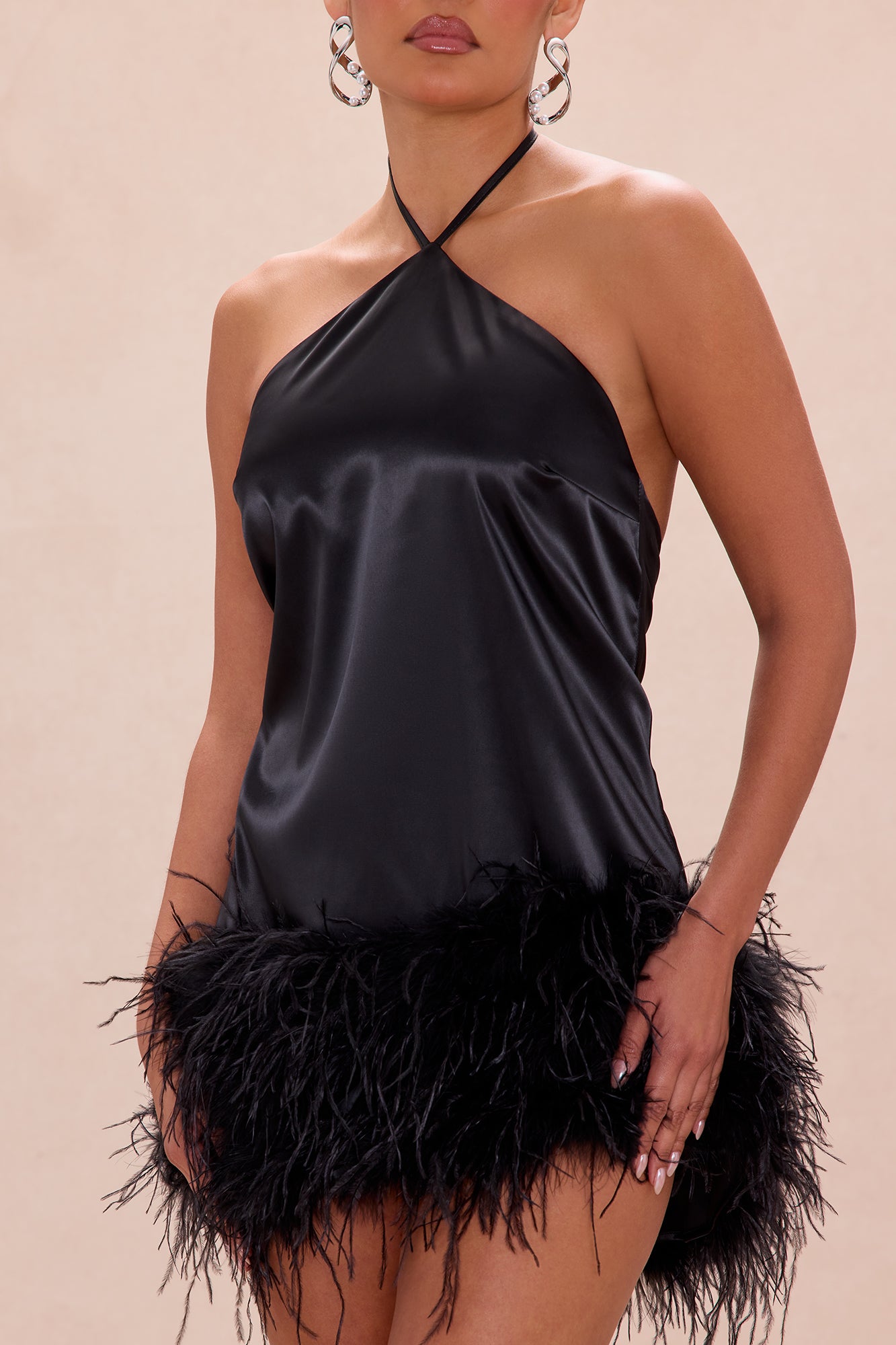 Jacqueline Feathered Satin Mini Dress - Black