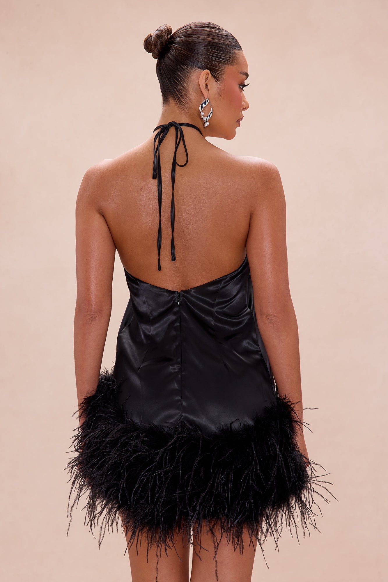 Jacqueline Feathered Satin Mini Dress - Black