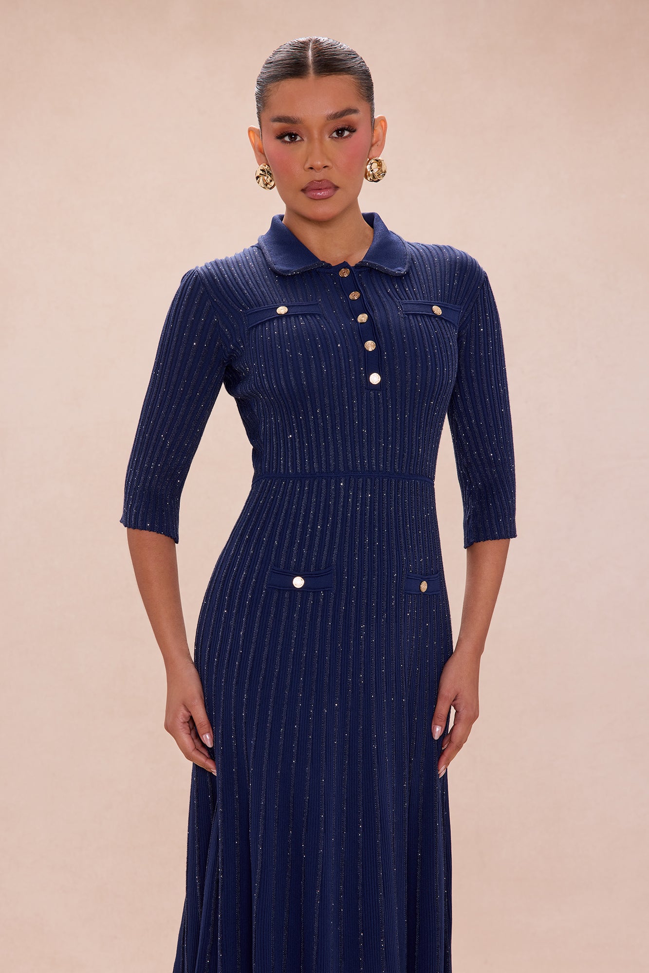 Rachelle Embellished Collared Maxi Dress - Navy