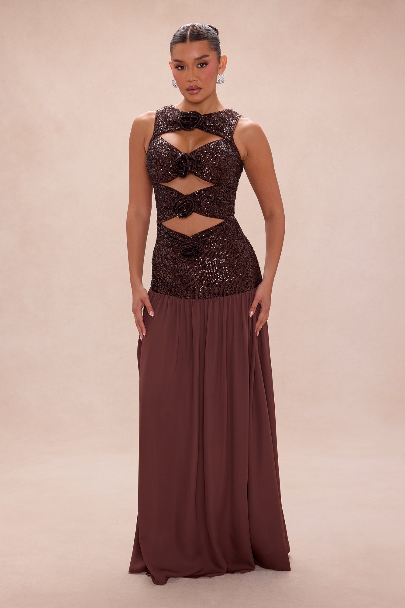Andrea Sequin Drop Waist Gown - Chocolate
