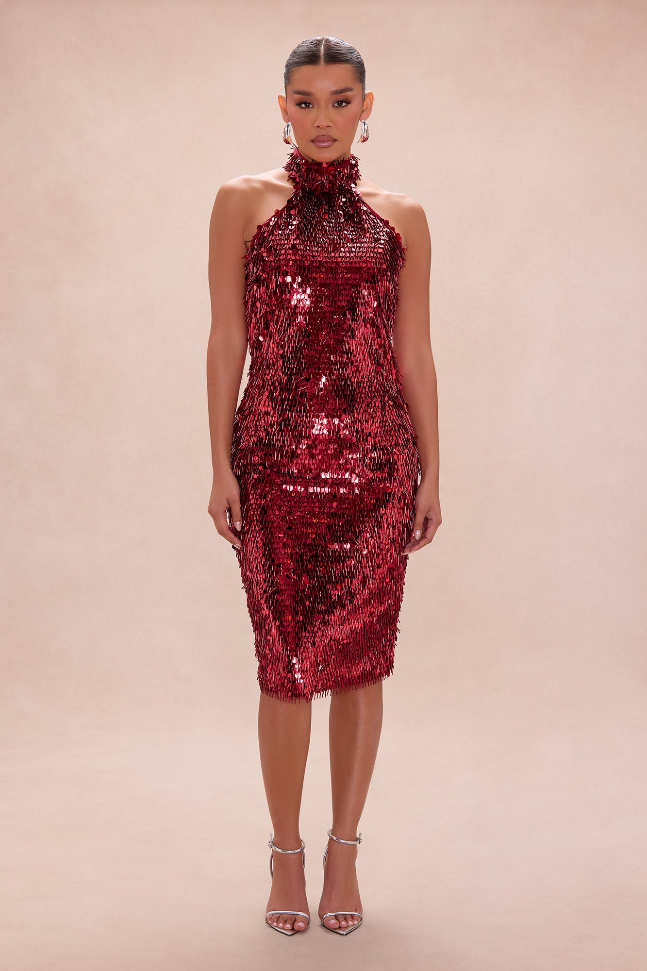 Mariella Mock Neck Sequin Midi Dress - Red