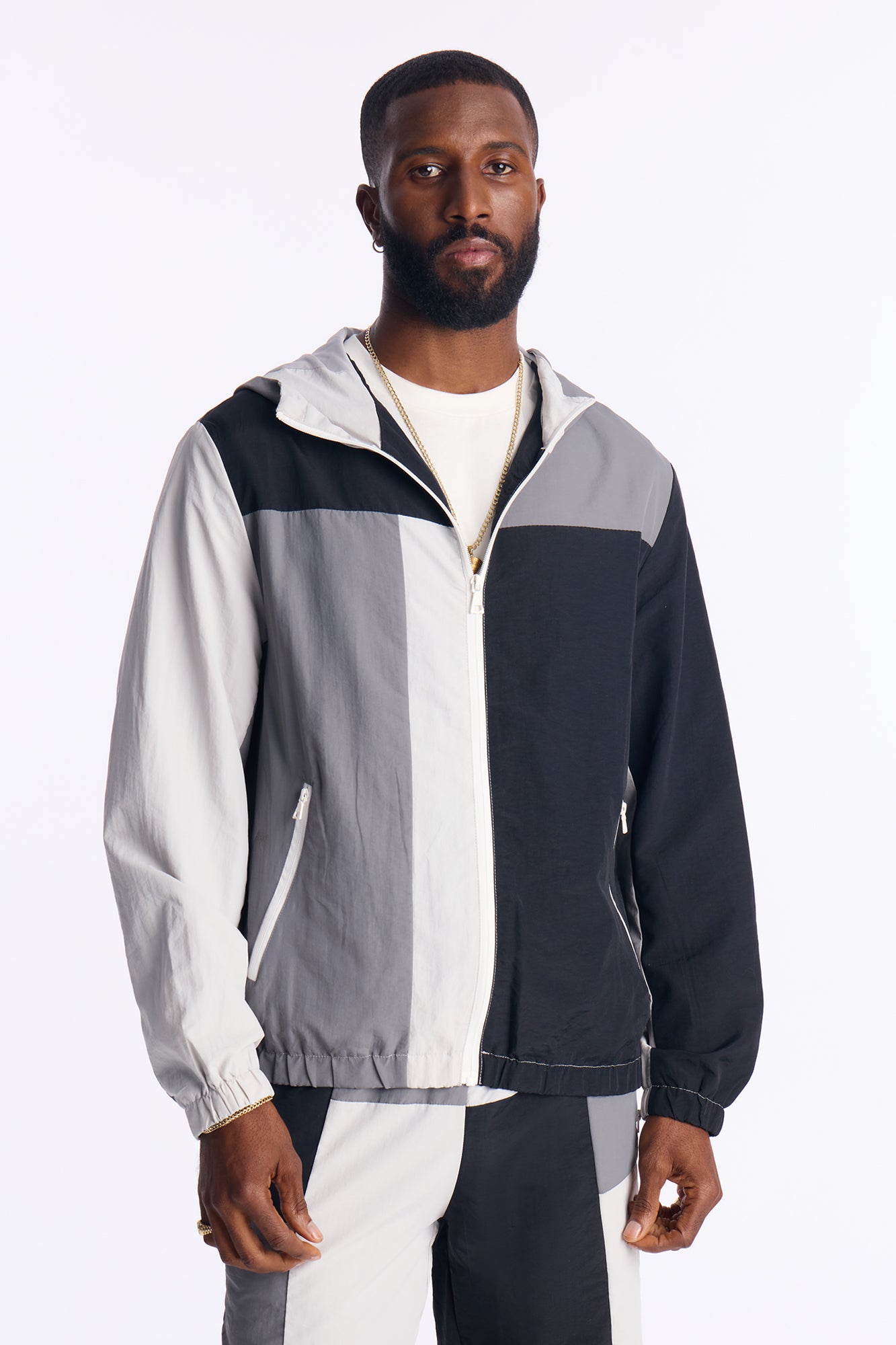 Relaxed Axel Color Block Funnel Neck Hooded Tech Jacket - Black
