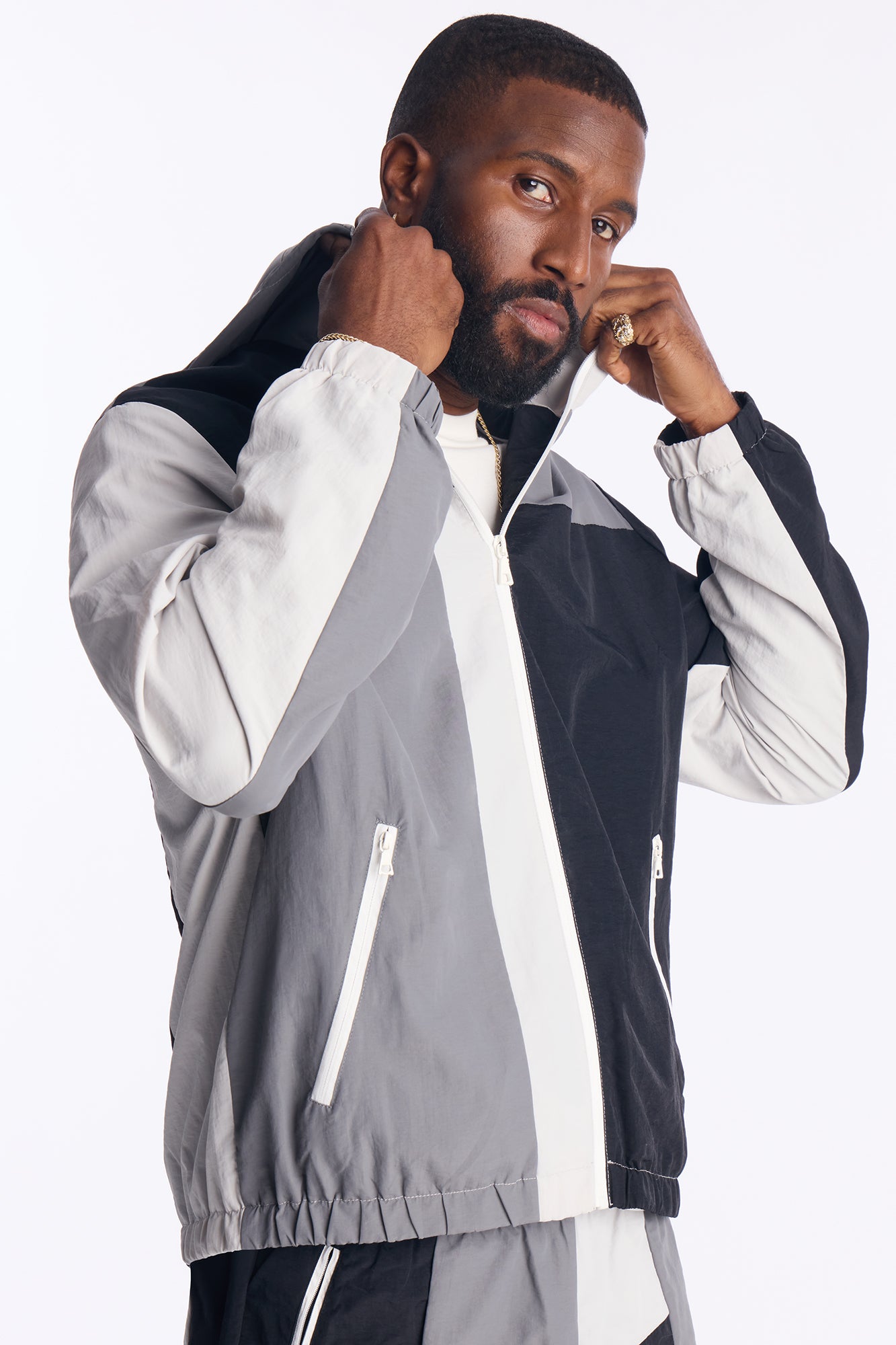 Relaxed Axel Color Block Funnel Neck Hooded Tech Jacket - Black