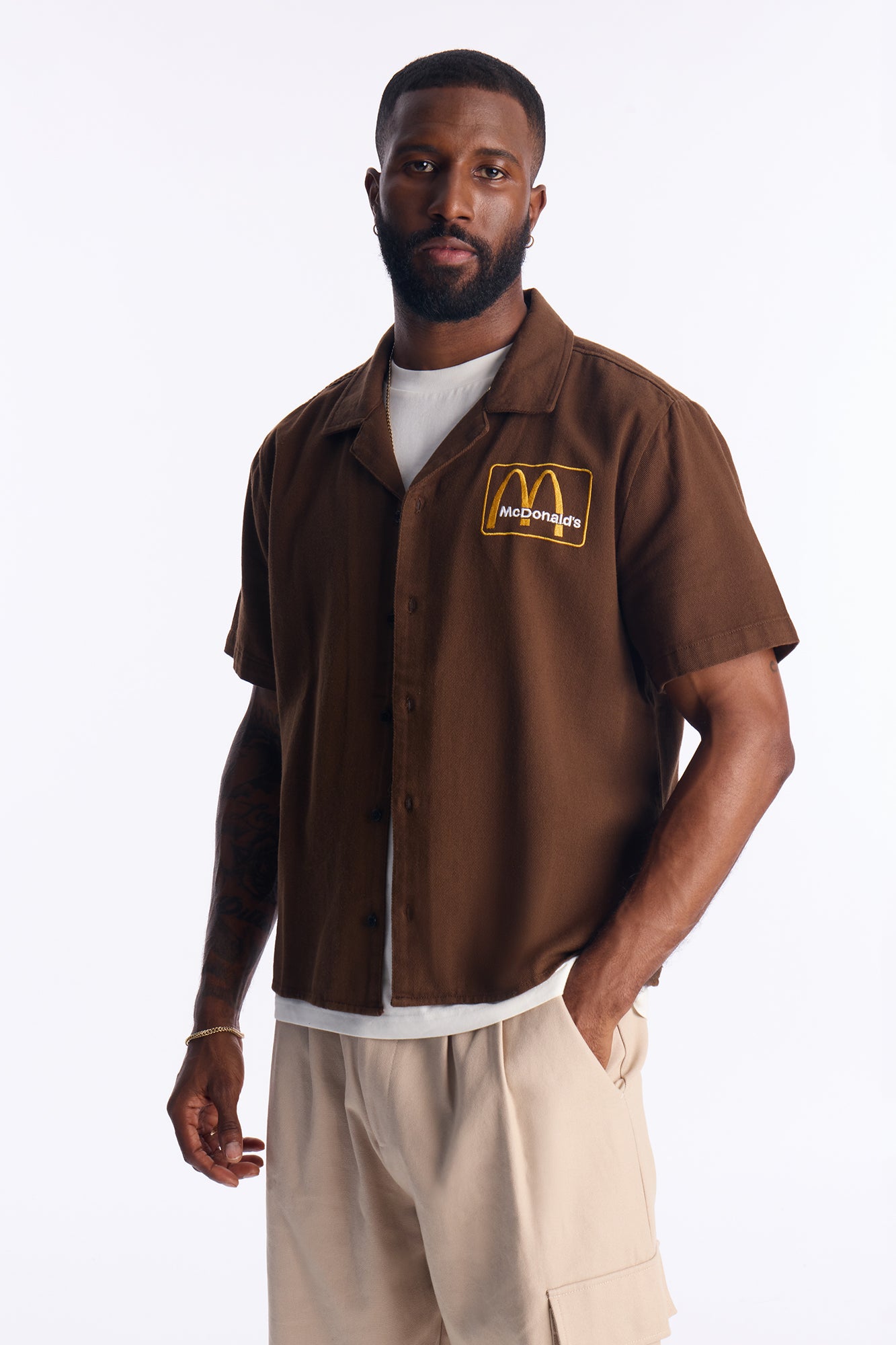Cropped Golden Arches Button Up Shirt - Brown