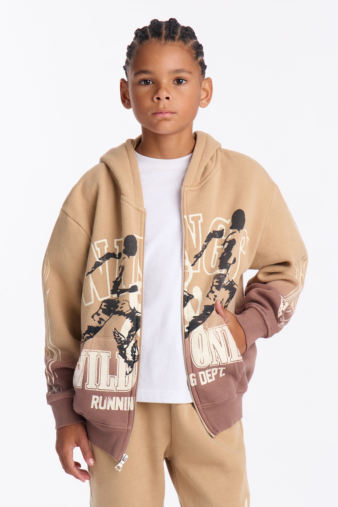 Mini Faded Flames Zip UP Hoodie - Brown