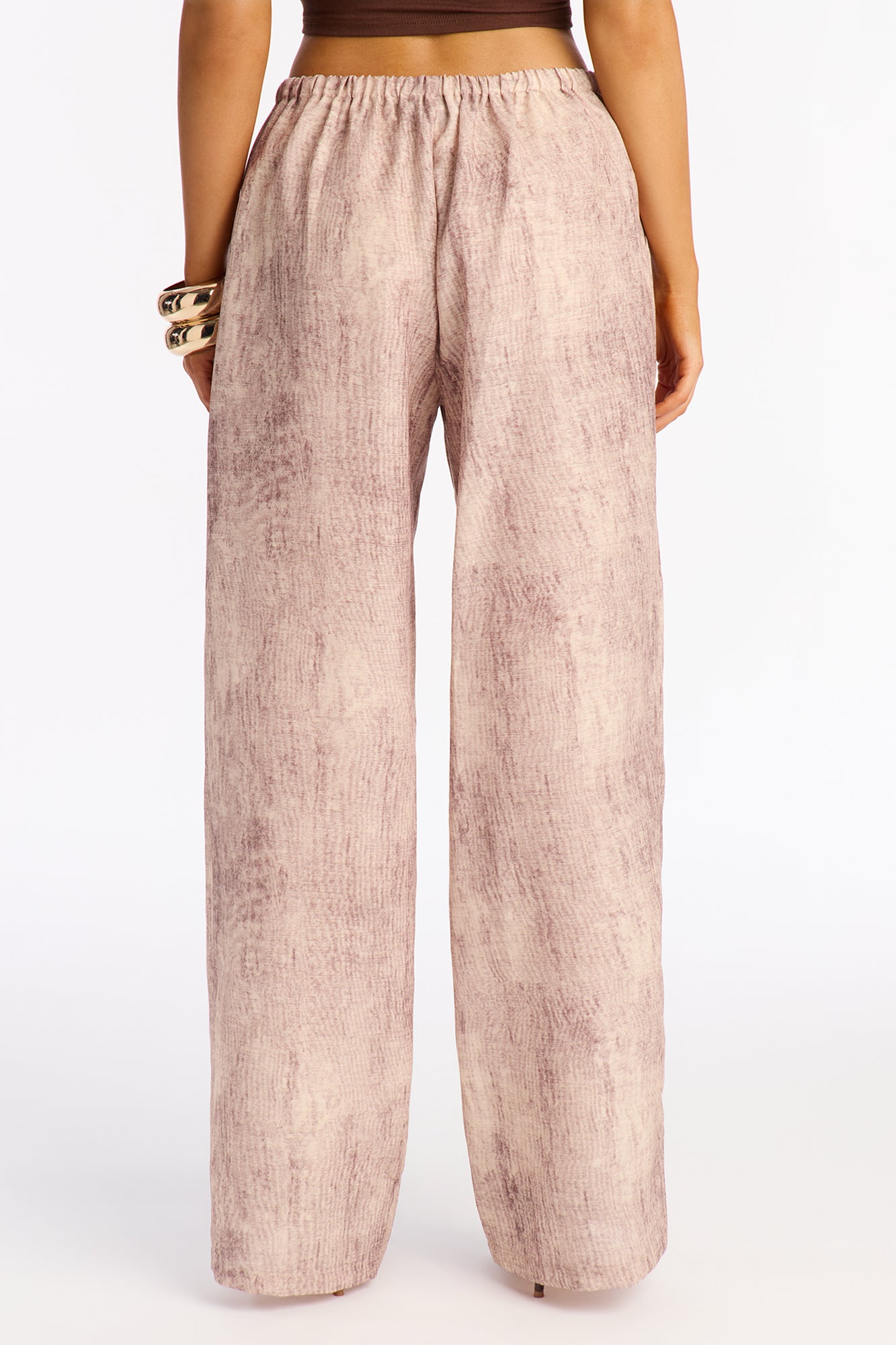 Amelia Textured Wide Leg Pull On Drawstring Pant 32″ - Brown/combo