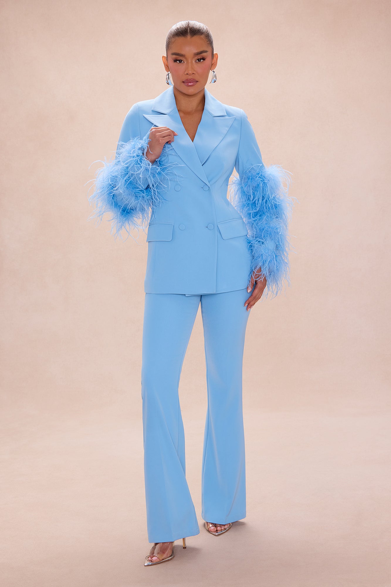 Miranda Feathered Blazer Pant Set - Blue