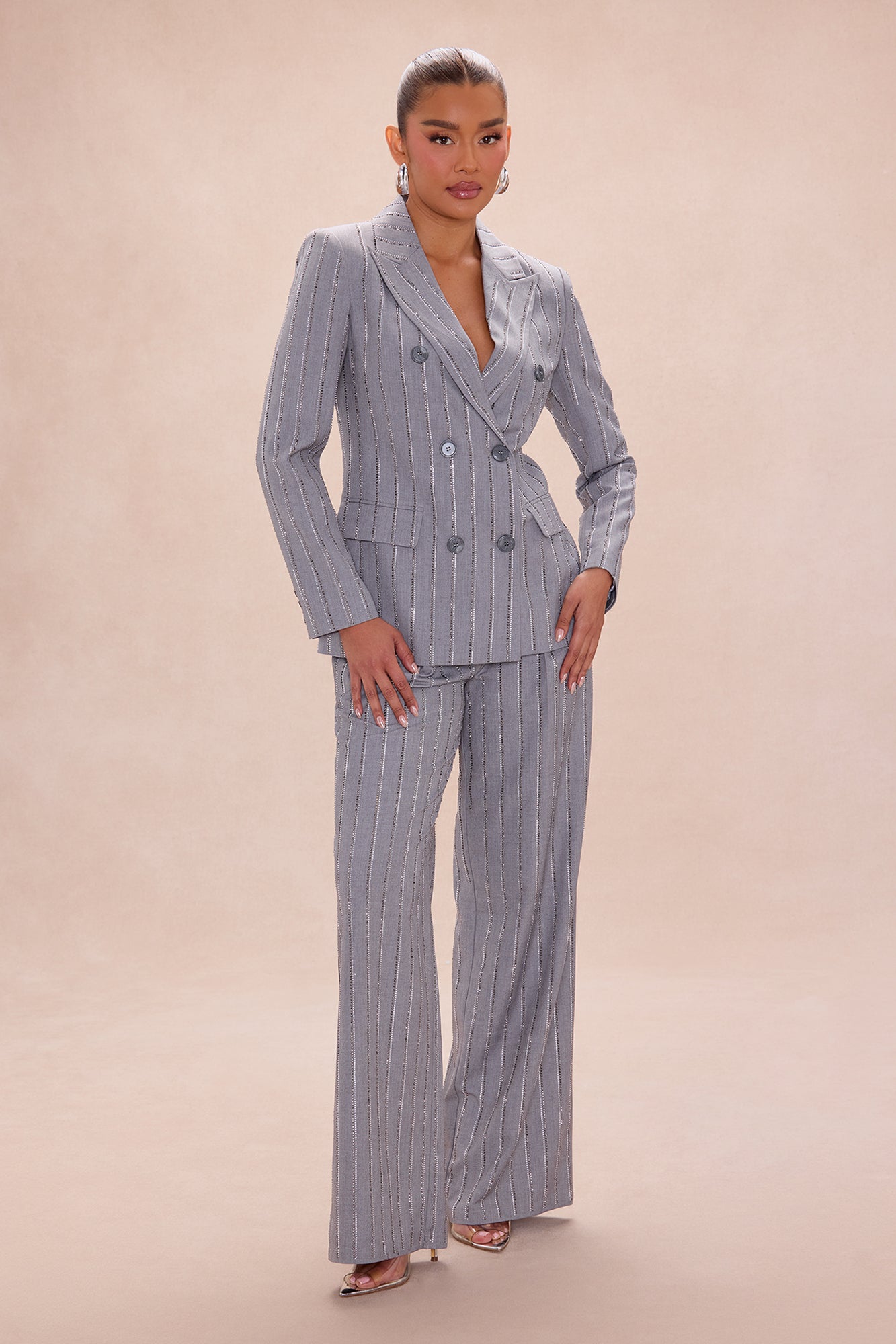 Odessa Embellished Blazer Pant Set - Grey