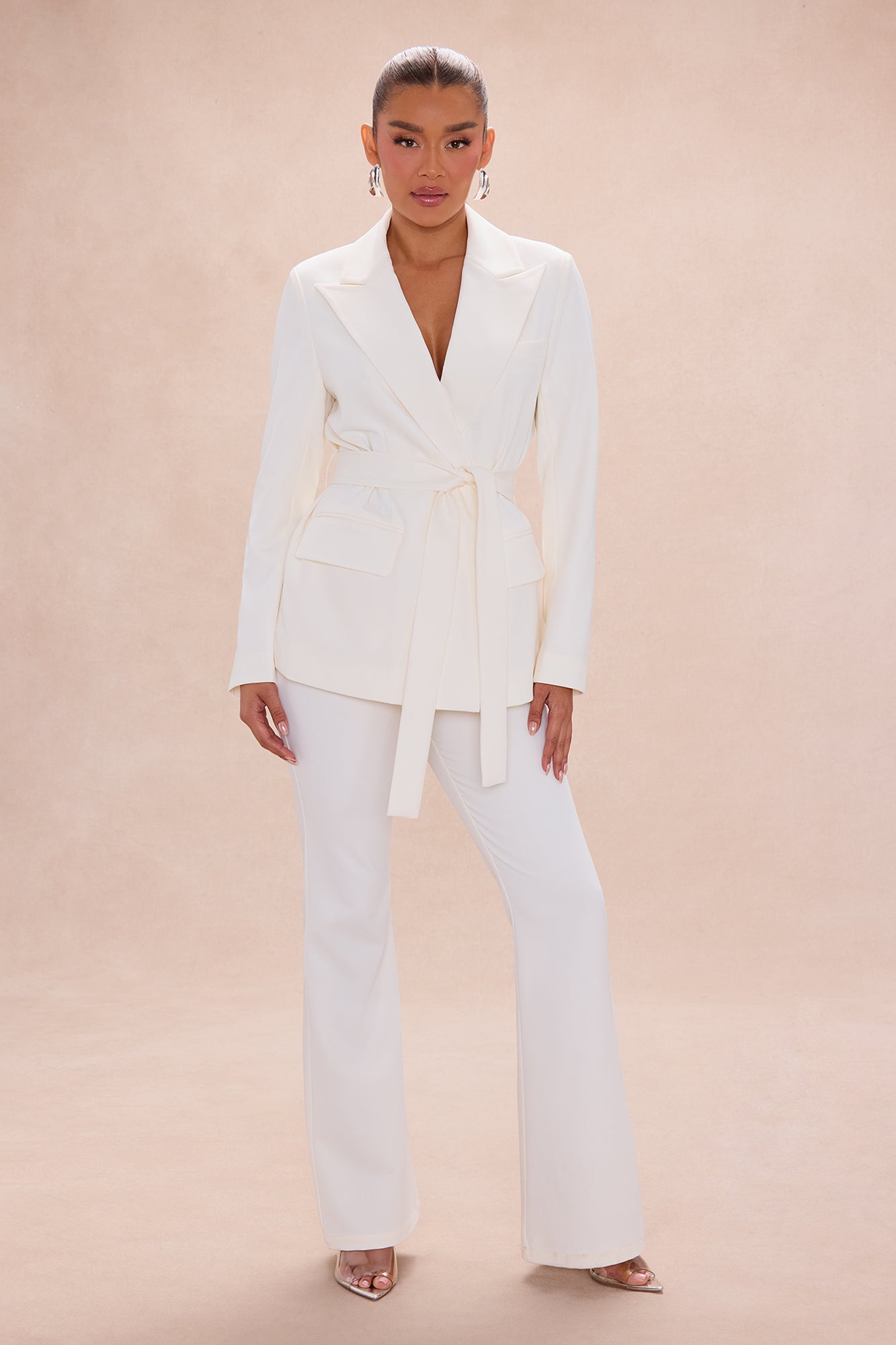 Raeline Tie Waist Blazer Pant Set - Cream