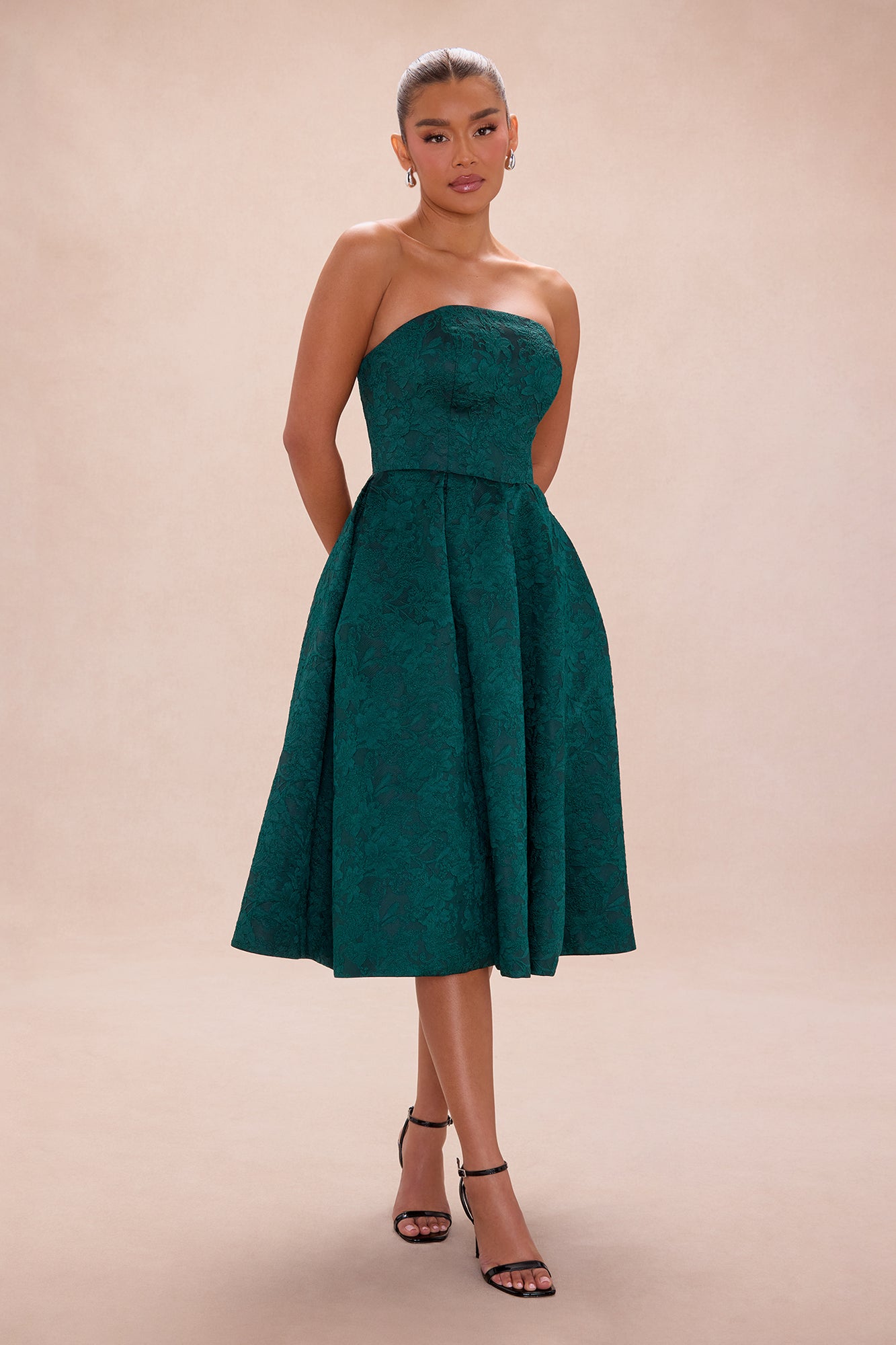 Ashlyn Strapless Jacquard Midi Dress - Hunter