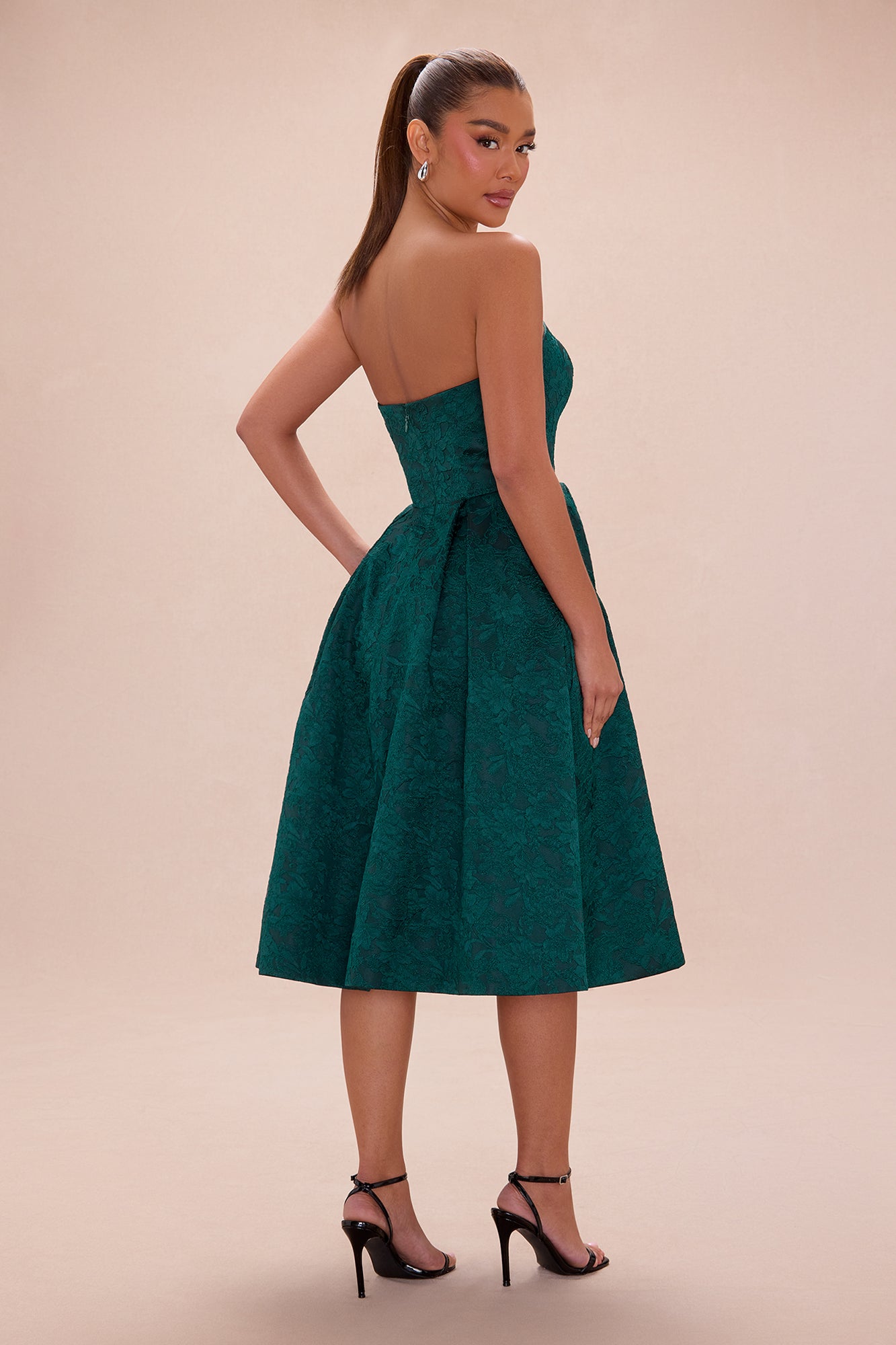 Ashlyn Strapless Jacquard Midi Dress - Hunter