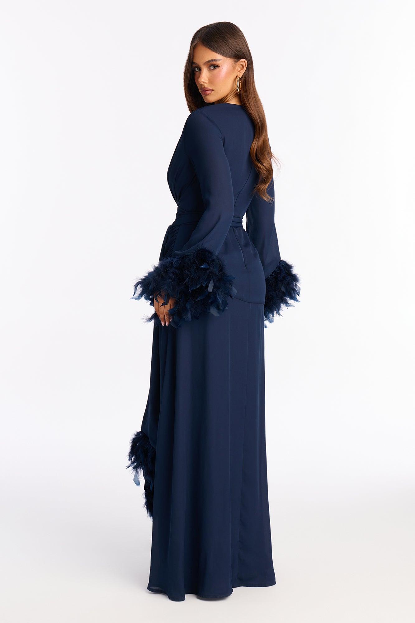 Sashira Feathered Chiffon Gown - Navy