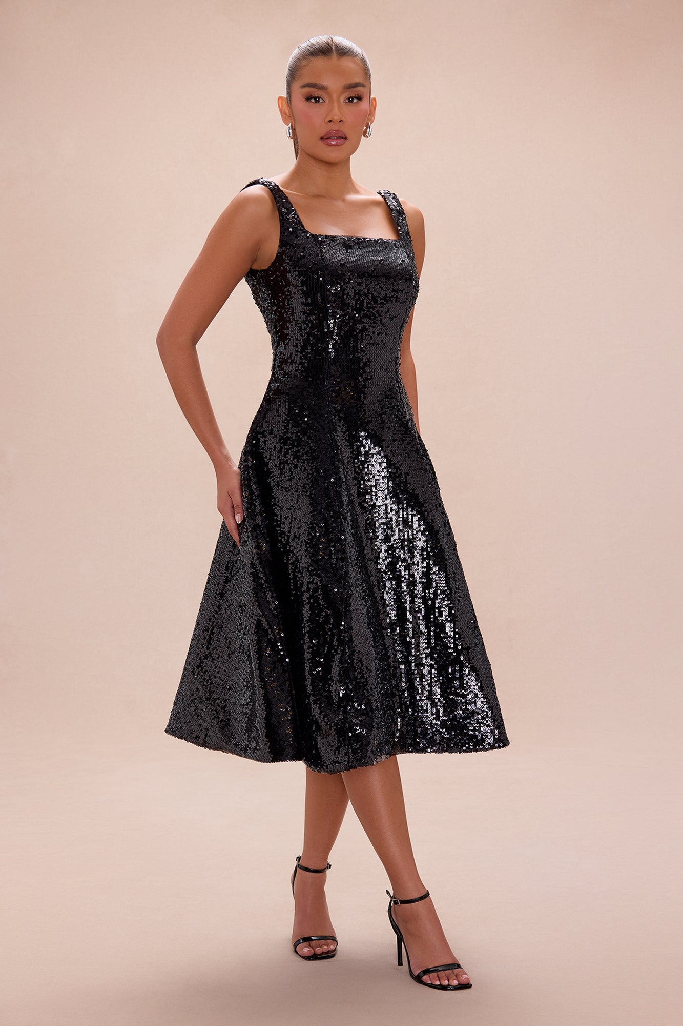 Catherine A line Sequin Midi Dress - Black