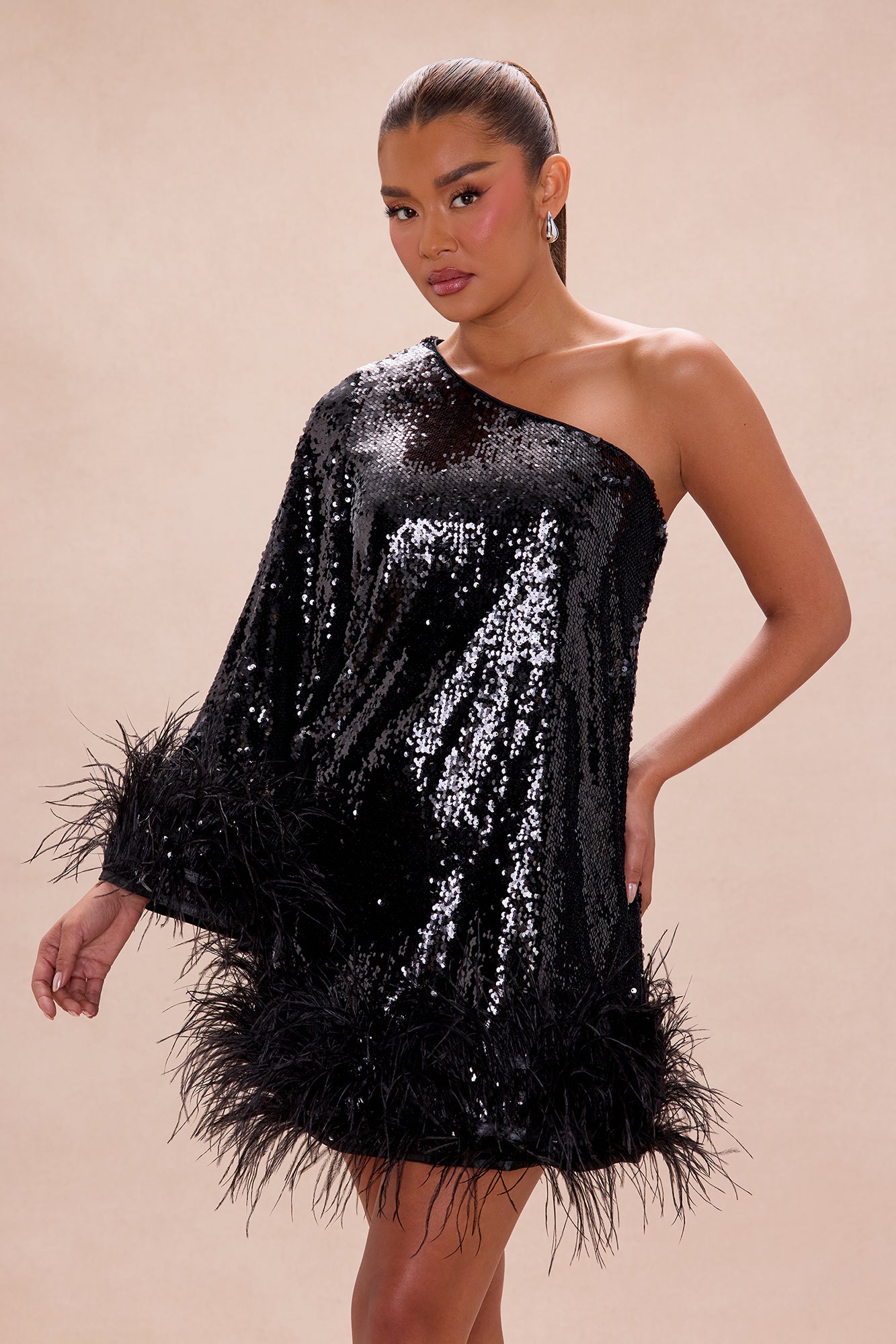 Robyn Sequin Feathered Mini Dress - Black