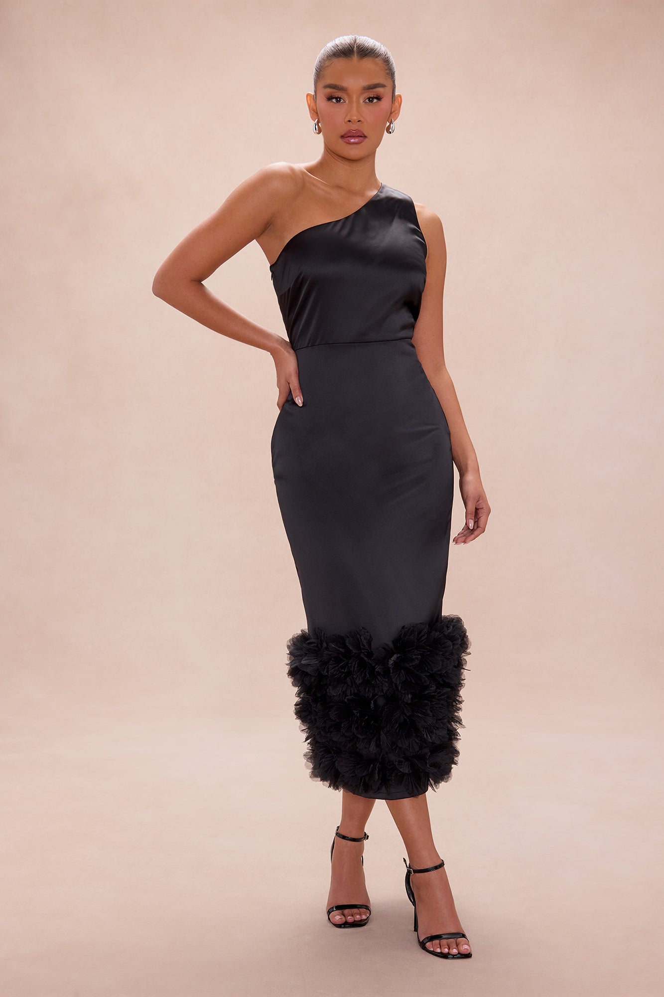 Rowan Floral Applique Satin Maxi Dress - Black