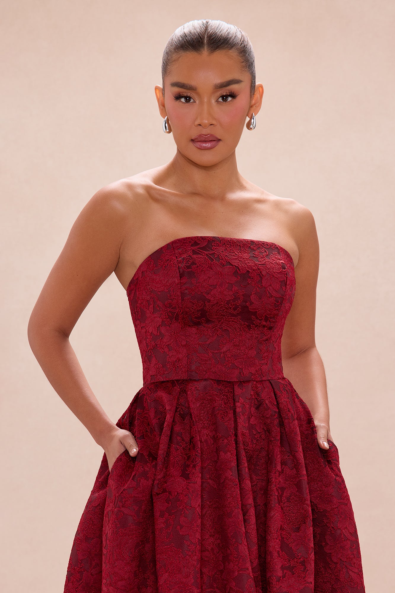 Ashlyn Strapless Jacquard Midi Dress - Wine
