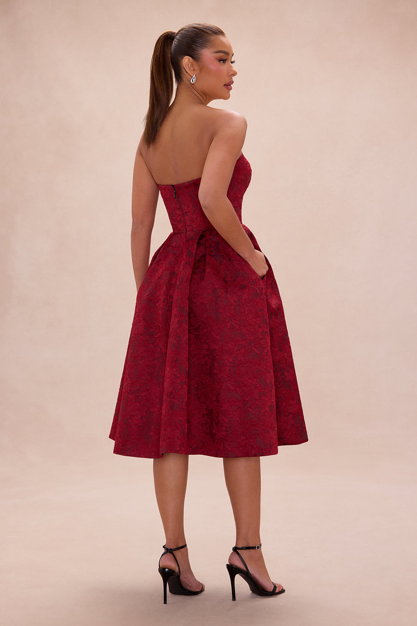 Ashlyn Strapless Jacquard Midi Dress - Wine
