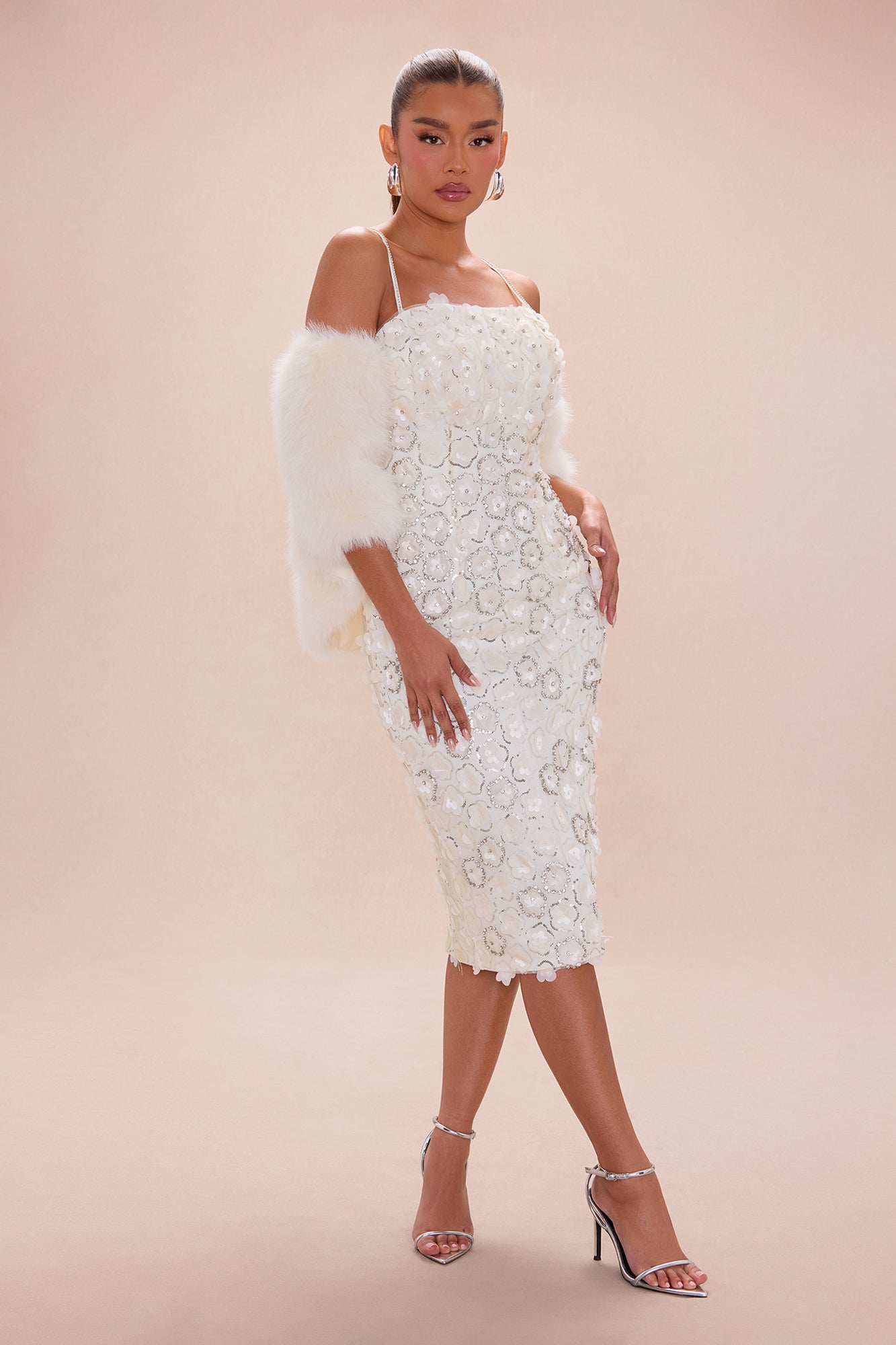Pretty Petals Rhinestone Midi Dress - Cream
