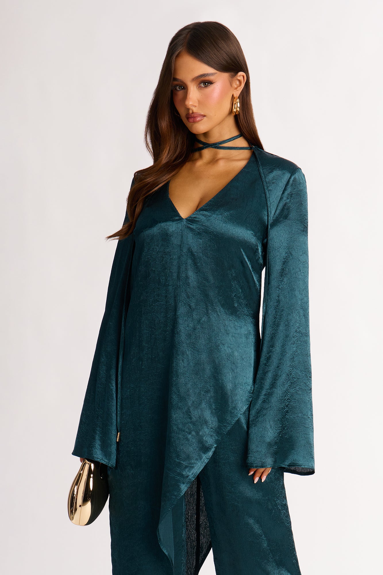 Clara Asymmetrical Satin Pant Set - Teal