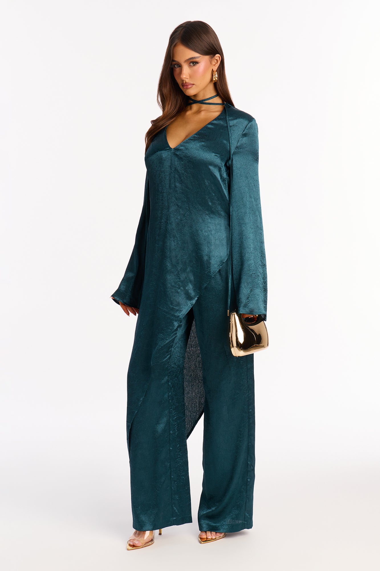 Clara Asymmetrical Satin Pant Set - Teal