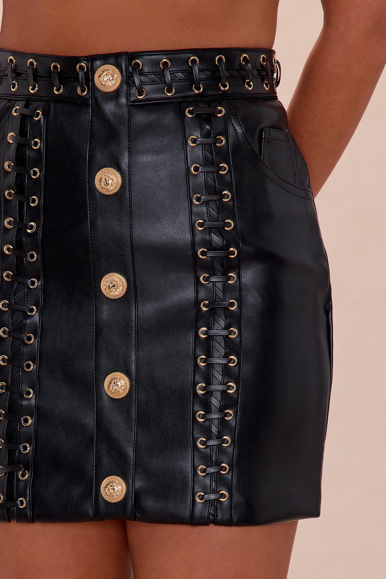 Downtown Vibe Lace Up Faux Leather Mini Skirt - Black/Gold