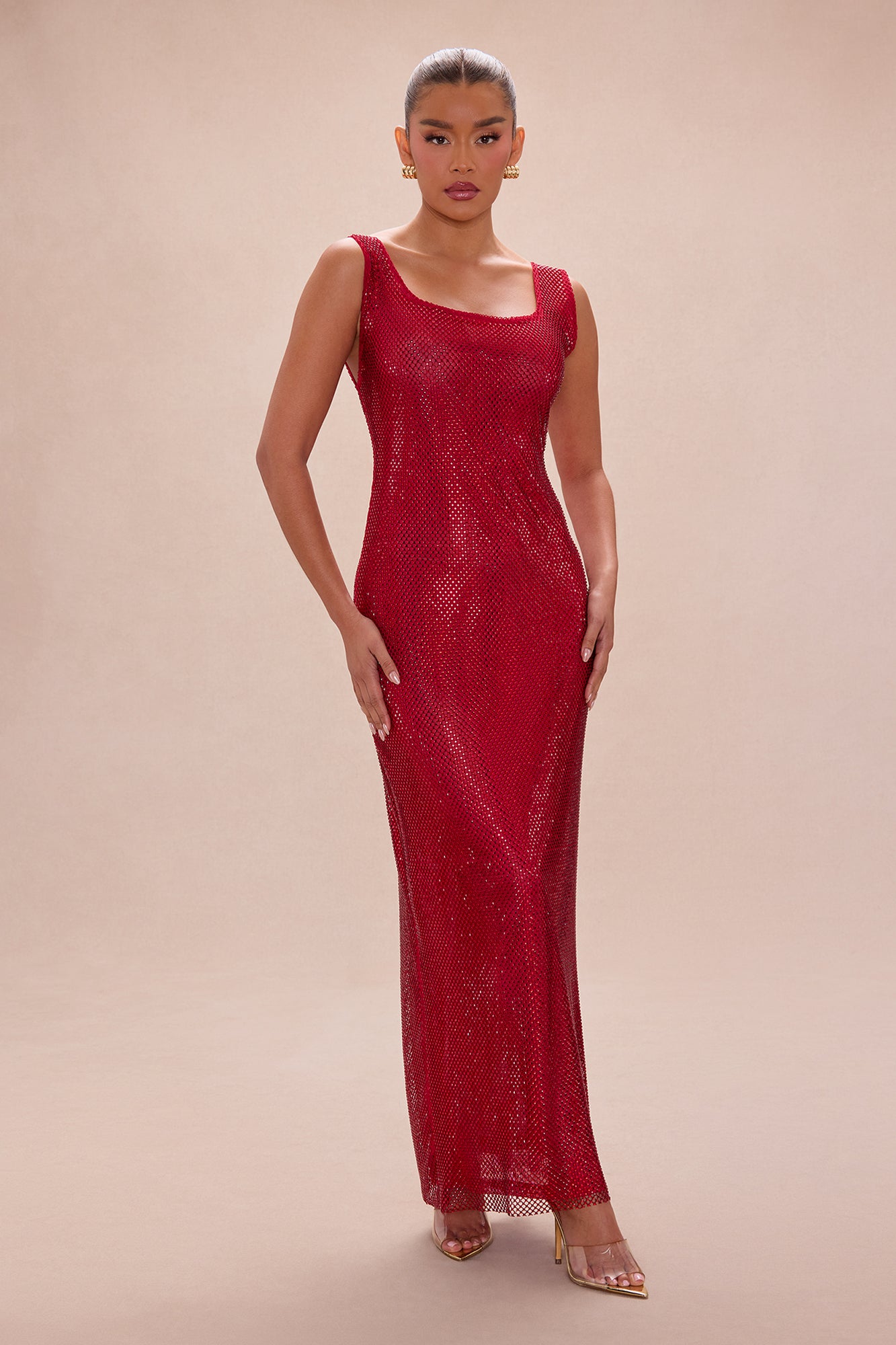 Dazzling Nights Rhinestone Maxi Dress - DarkRed