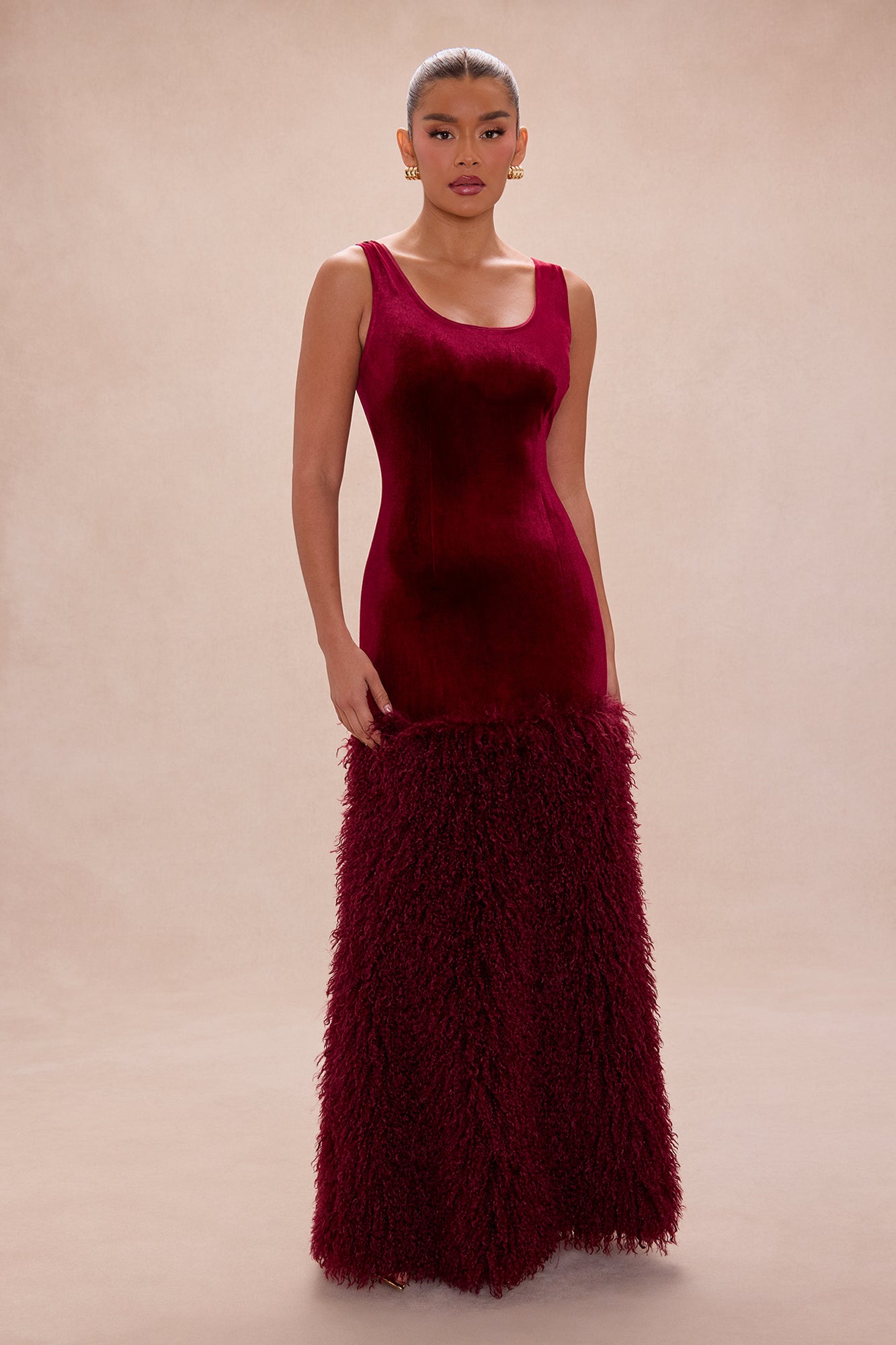 Star Studded Velvet Maxi Dress - Burgundy