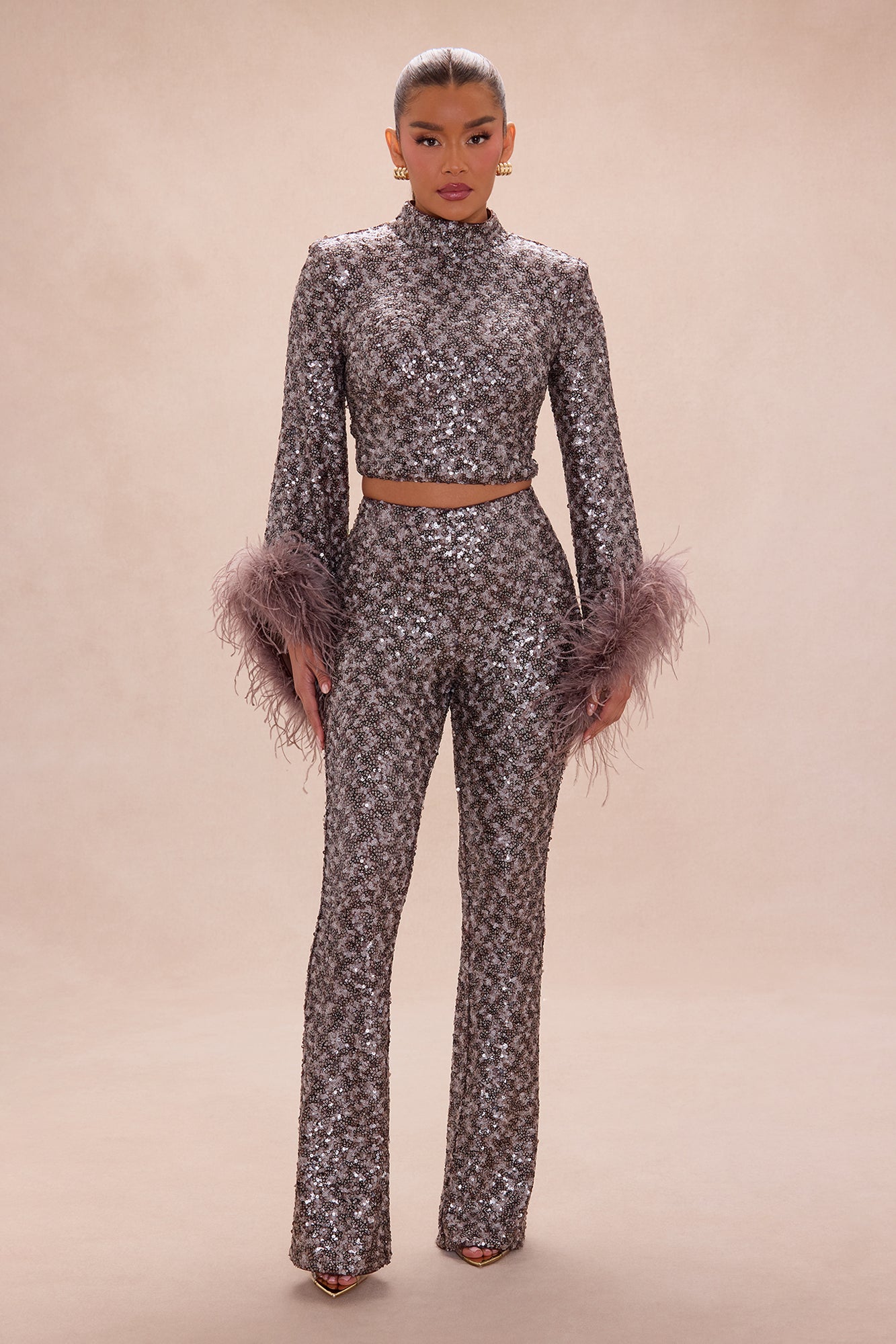 Opal Dreams Feathered Sequin Pant Set - Chocolate
