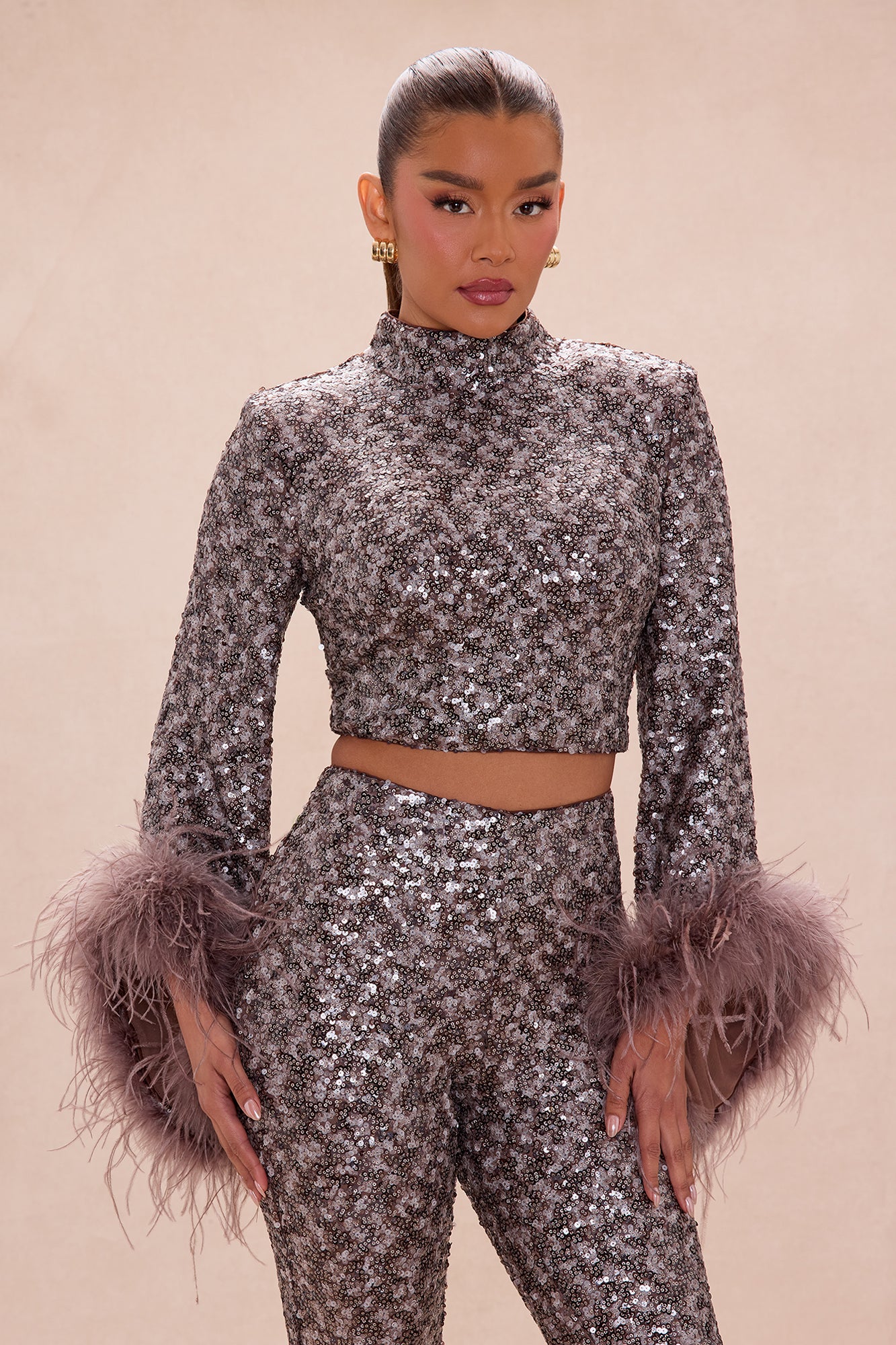 Opal Dreams Feathered Sequin Pant Set - Chocolate