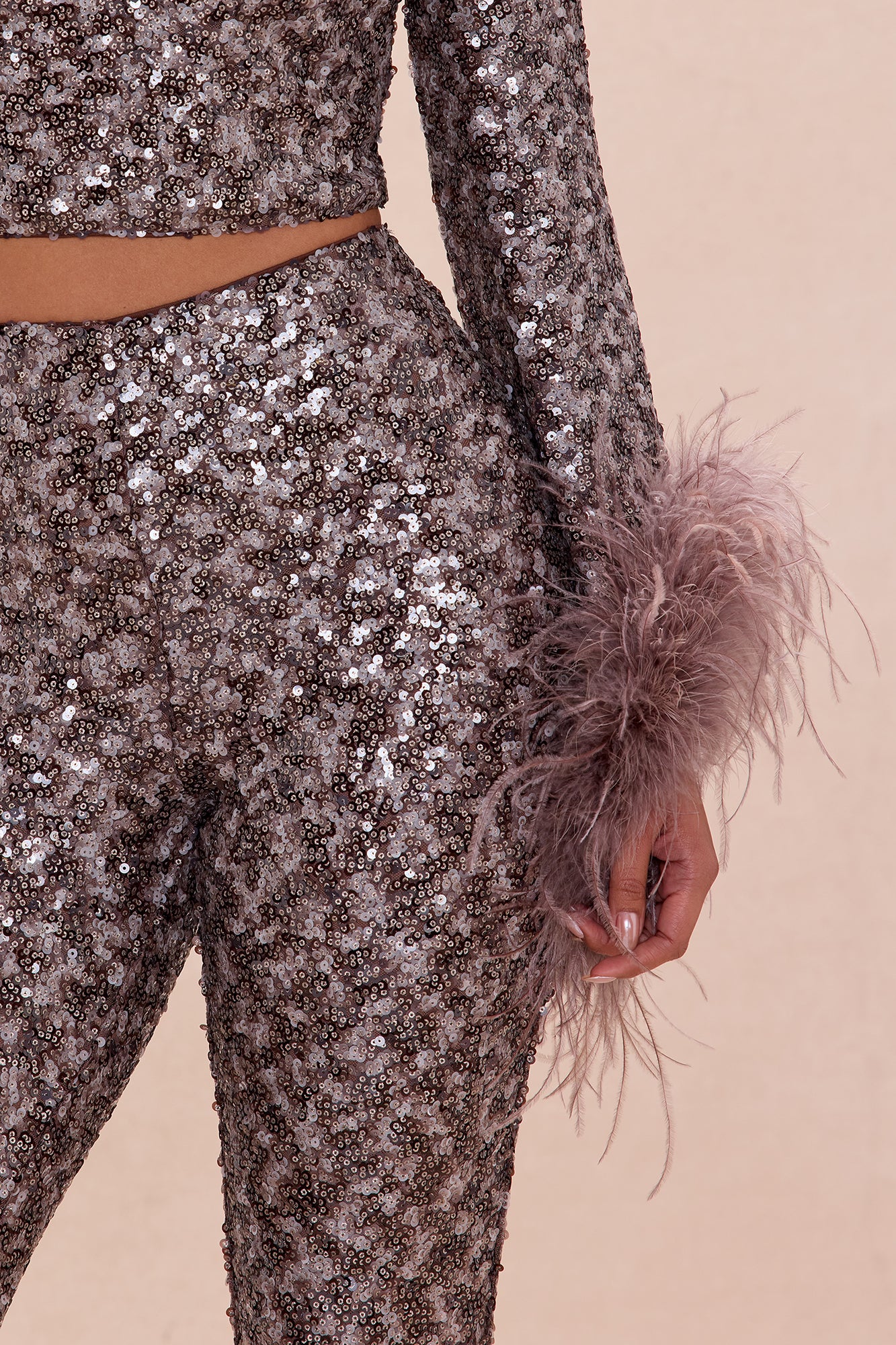 Opal Dreams Feathered Sequin Pant Set - Chocolate