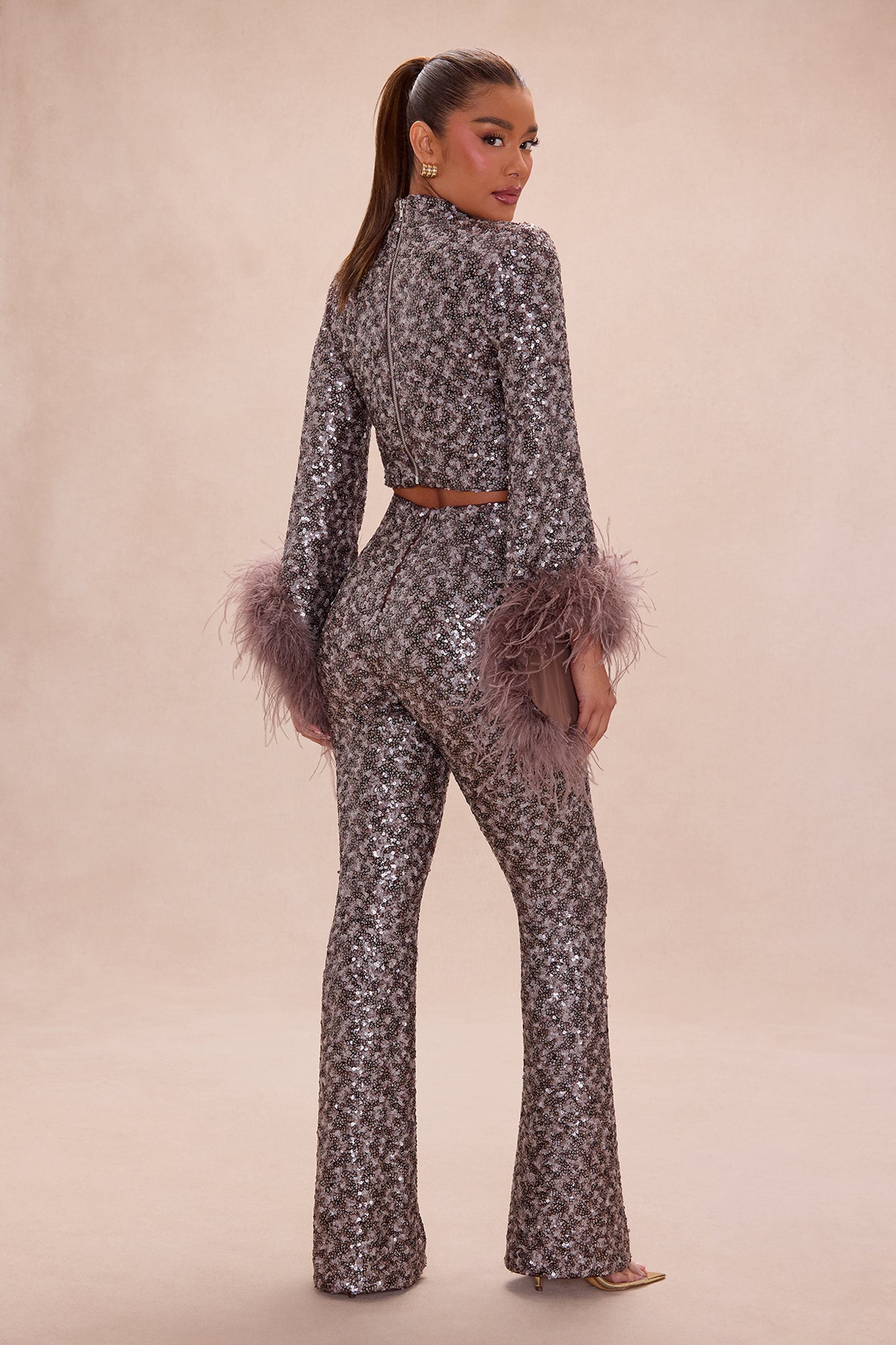 Opal Dreams Feathered Sequin Pant Set - Chocolate