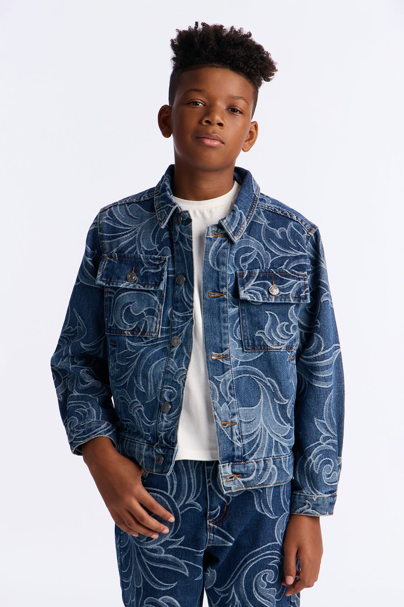 Mini Relaxed Cropped Baroque Jacquard Denim Jacket - Medium Blue Wash