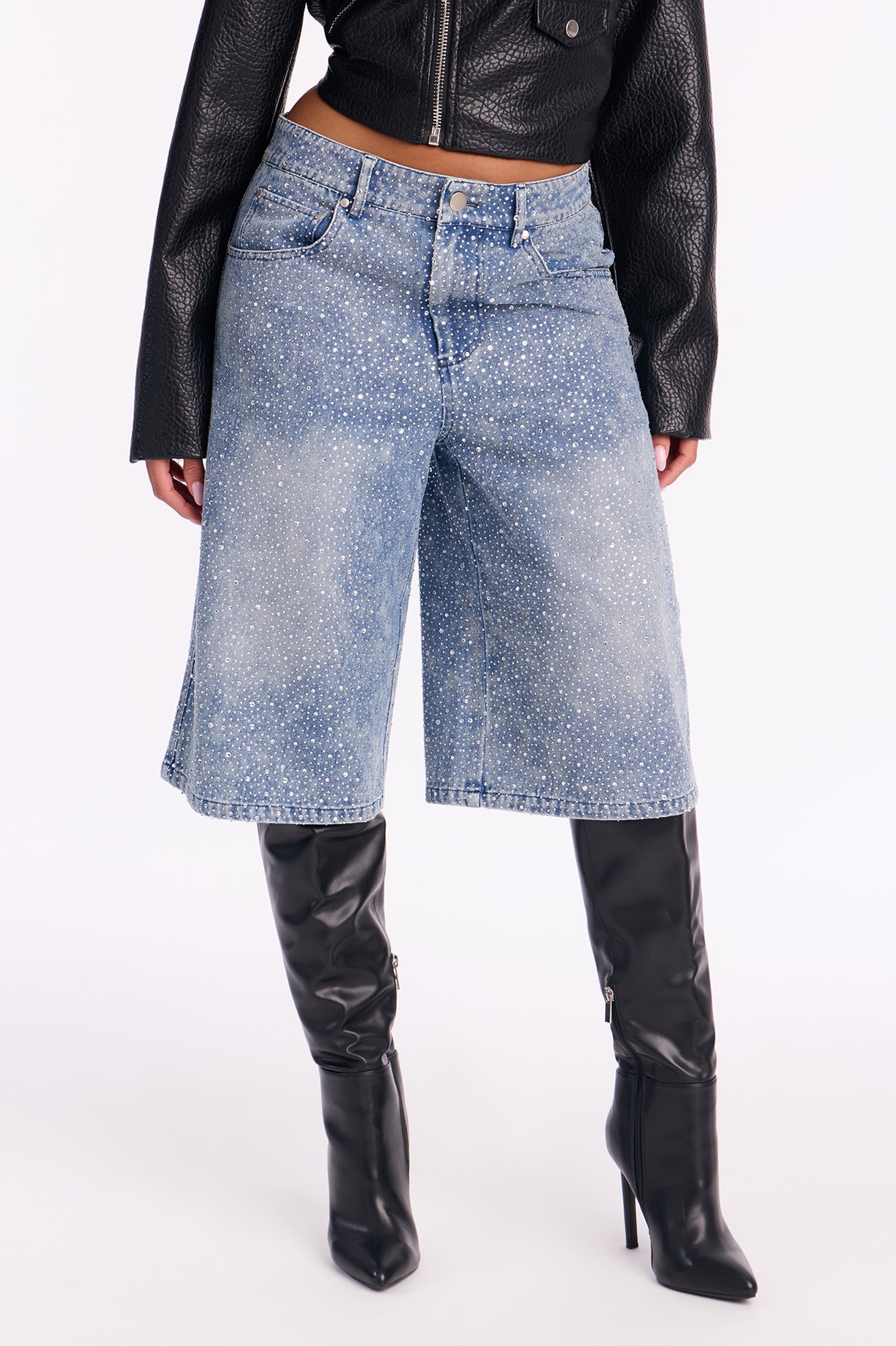 Diamonds Are Forever Embellished Denim Jorts - Medium Wash