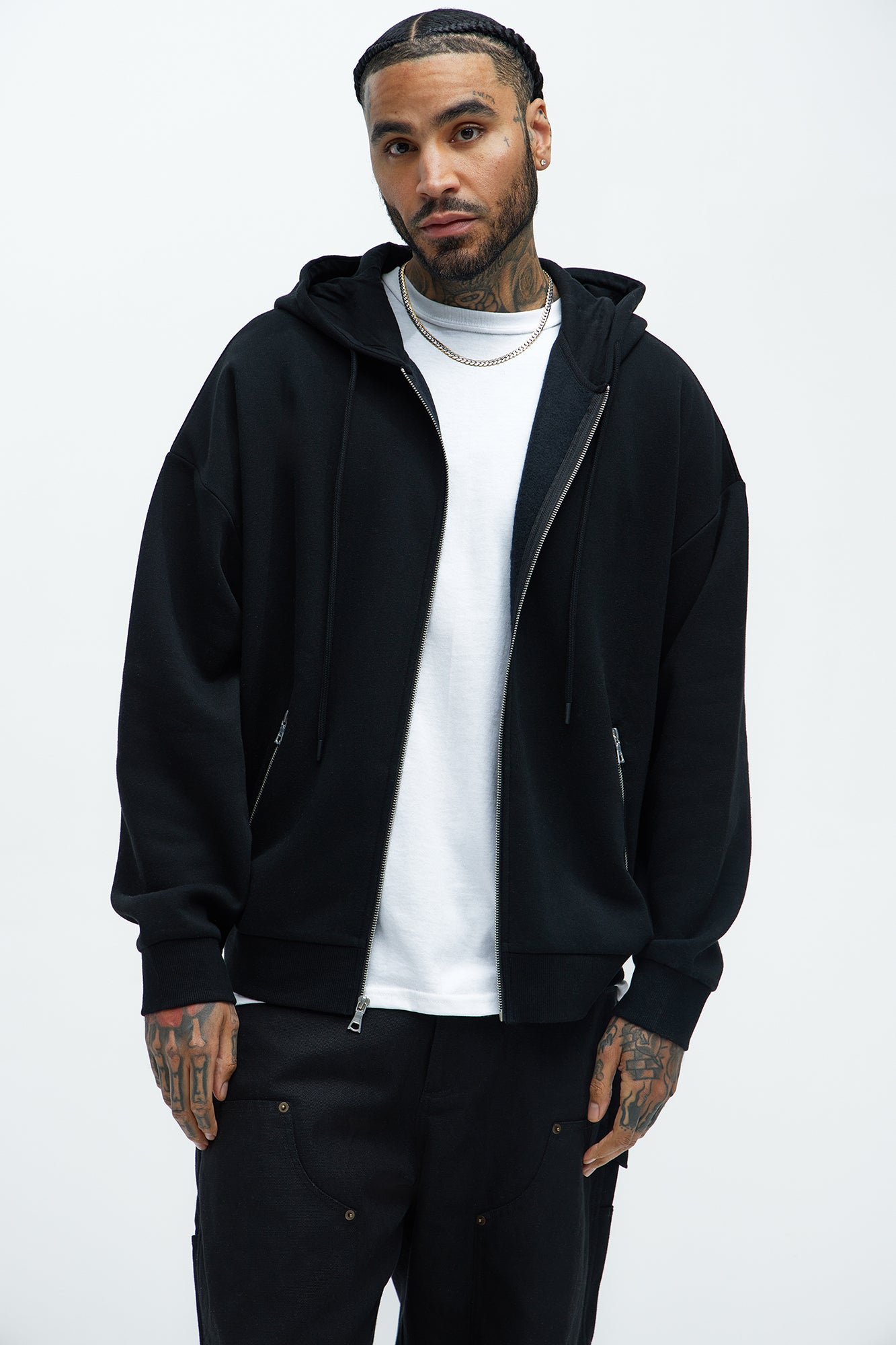 Tayson Stash Oversized Zip Up Hoodie - Black