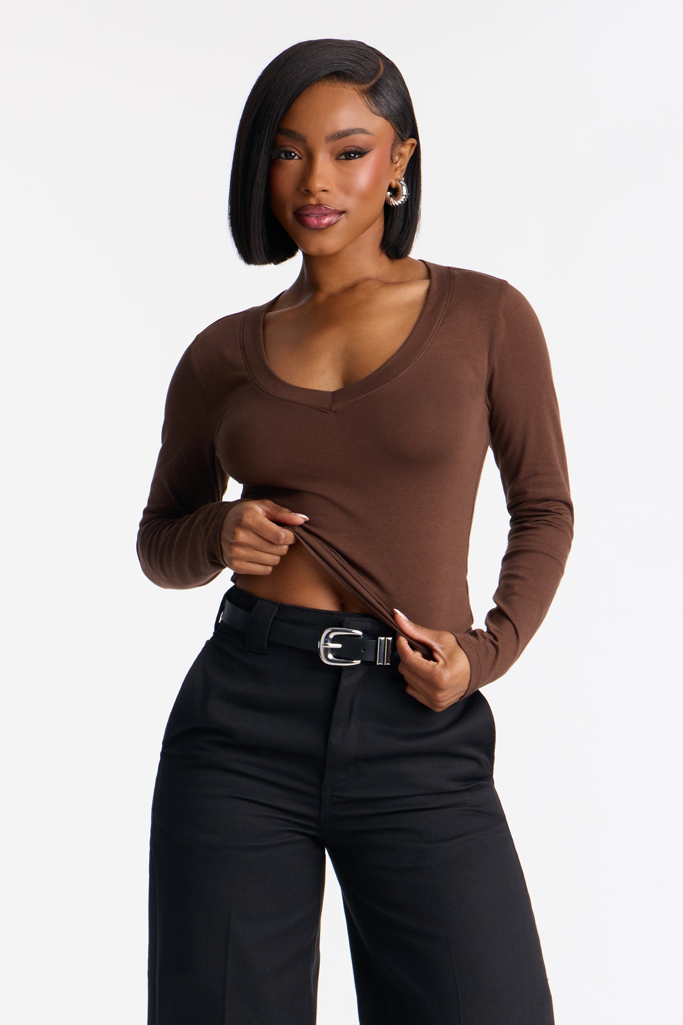 Jasmine V Neck Everyday Long Sleeve Top - Brown