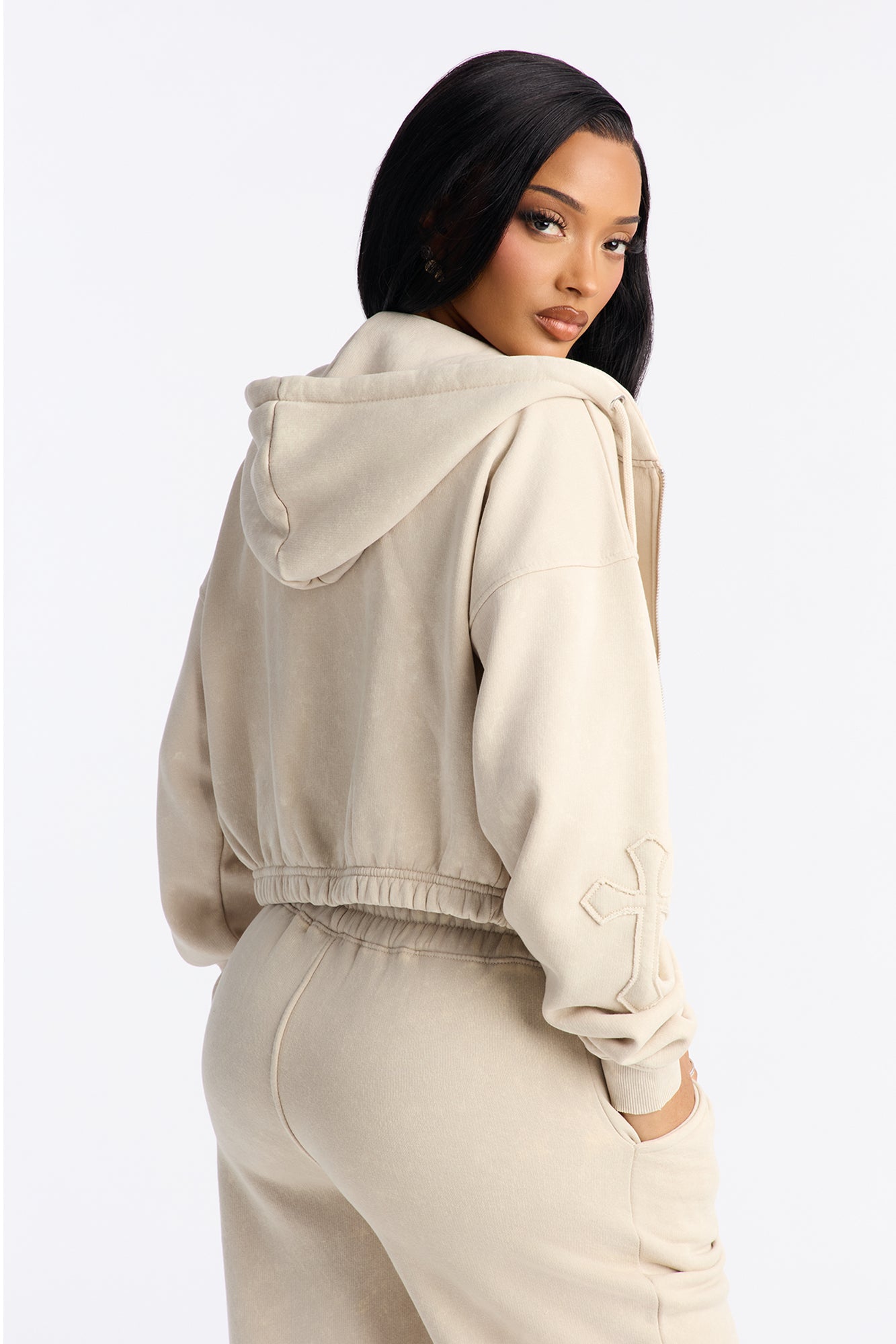 Don't Cross Me Washed Fleece Lounge Hoodie - Stone