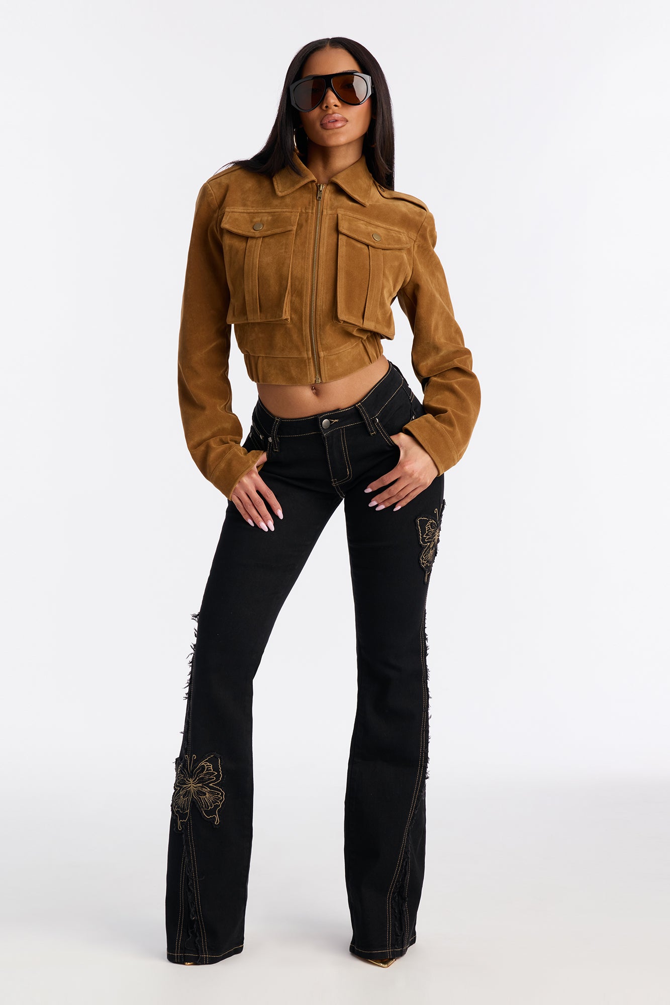 Fluttering Butterfly Low Rise Embroidered Flare Jeans - Black