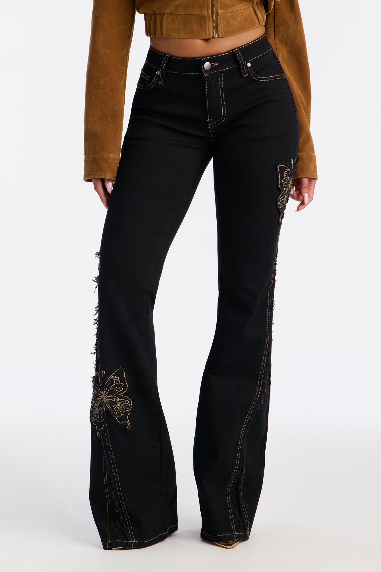 Fluttering Butterfly Low Rise Embroidered Flare Jeans - Black