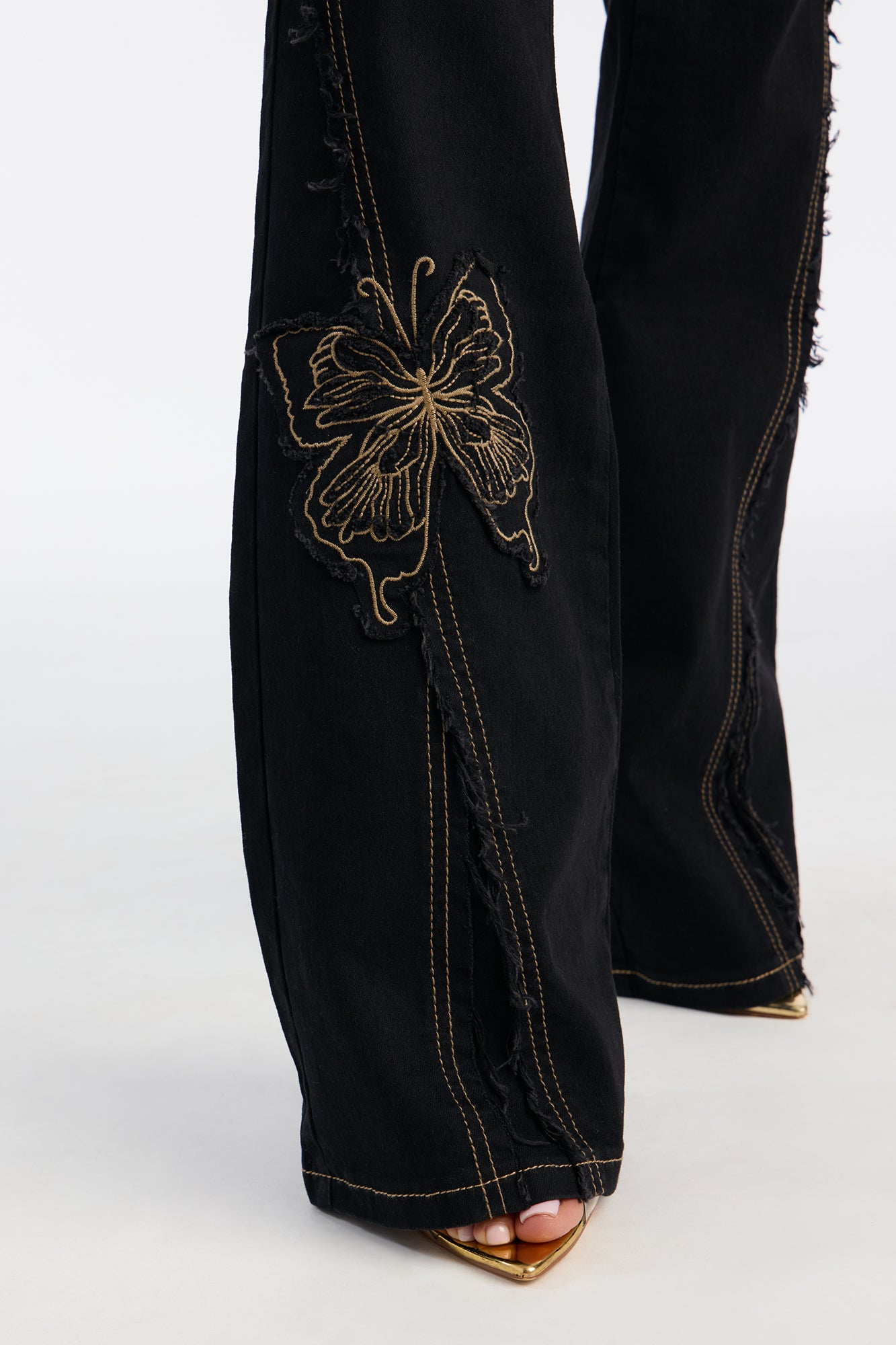 Fluttering Butterfly Low Rise Embroidered Flare Jeans - Black
