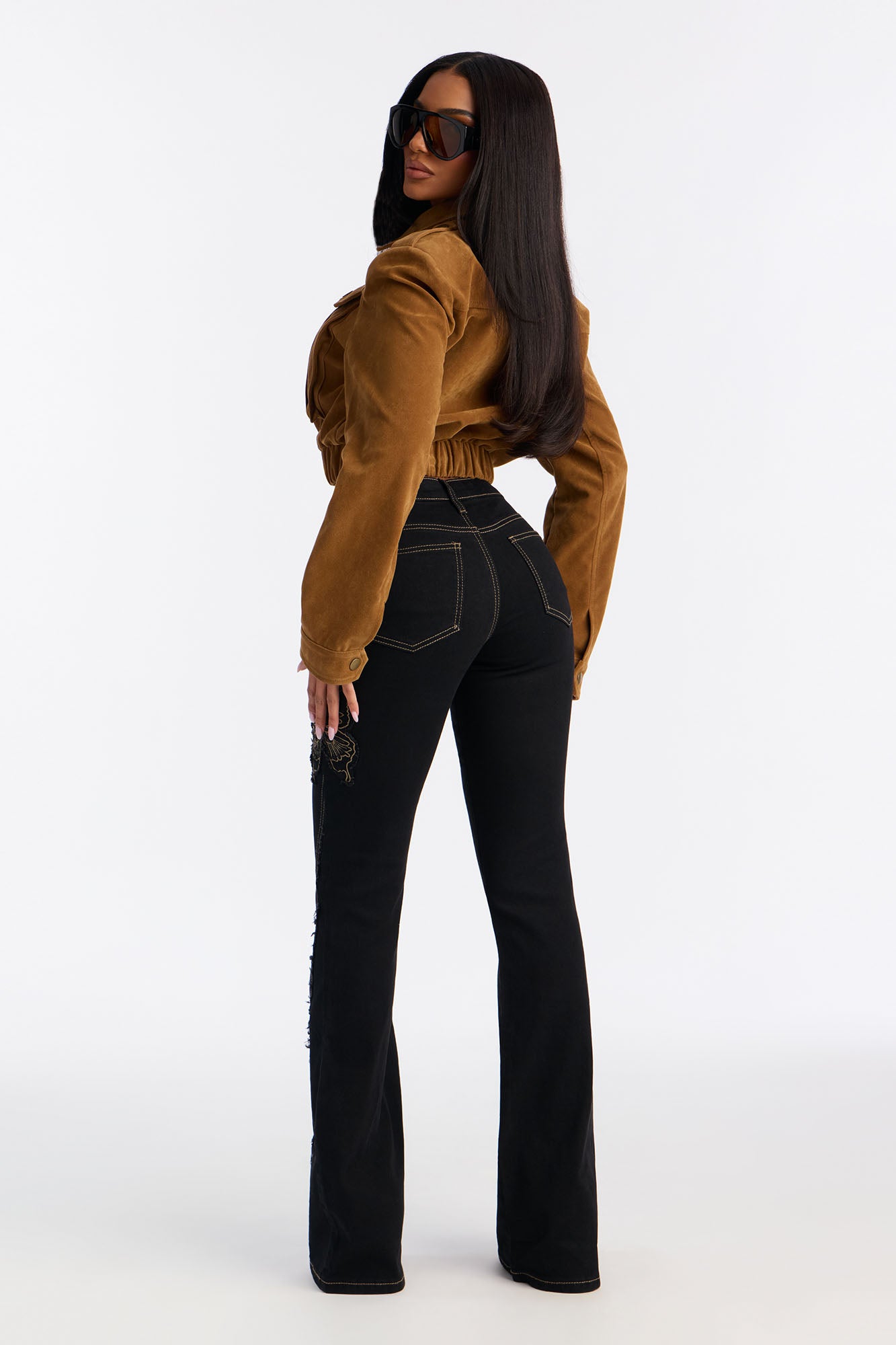 Fluttering Butterfly Low Rise Embroidered Flare Jeans - Black