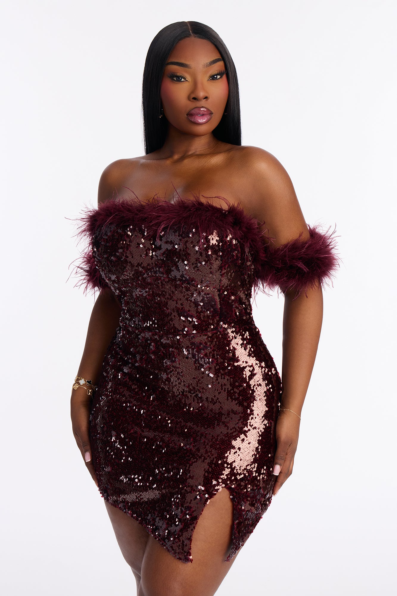 Talina Feather Sequin Mini Dress - Burgundy