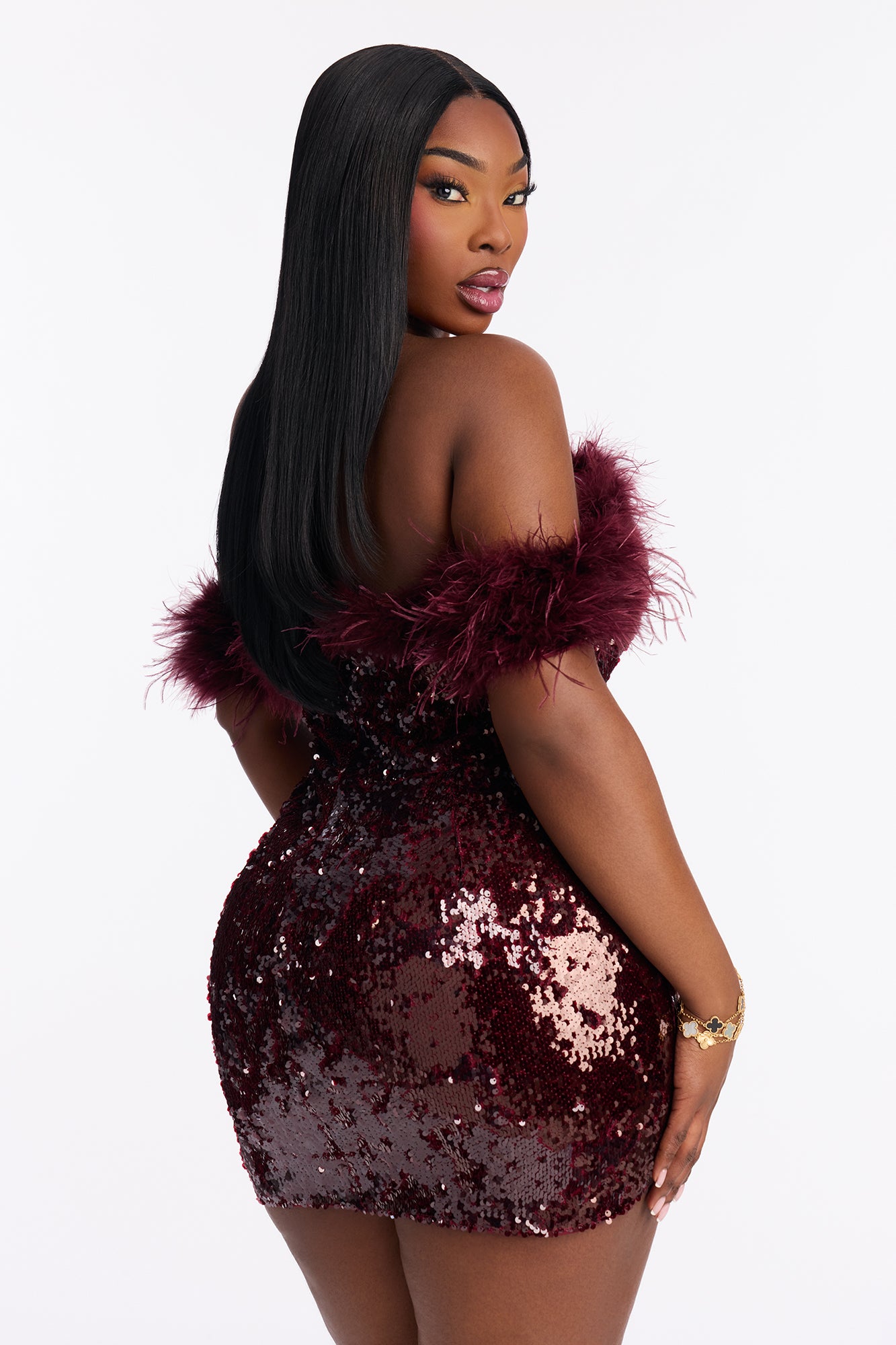 Talina Feather Sequin Mini Dress - Burgundy